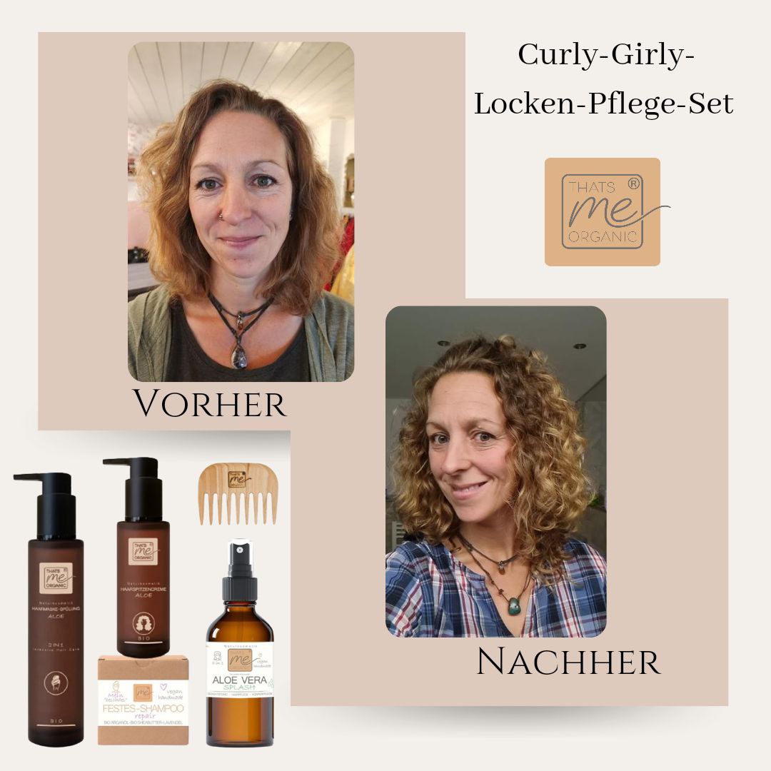 Frau mit glattem Haar vor der Verwendung von Haarpflegeprodukten und lockigem Haar danach, mit abgebildeten Haarpflegeprodukten.