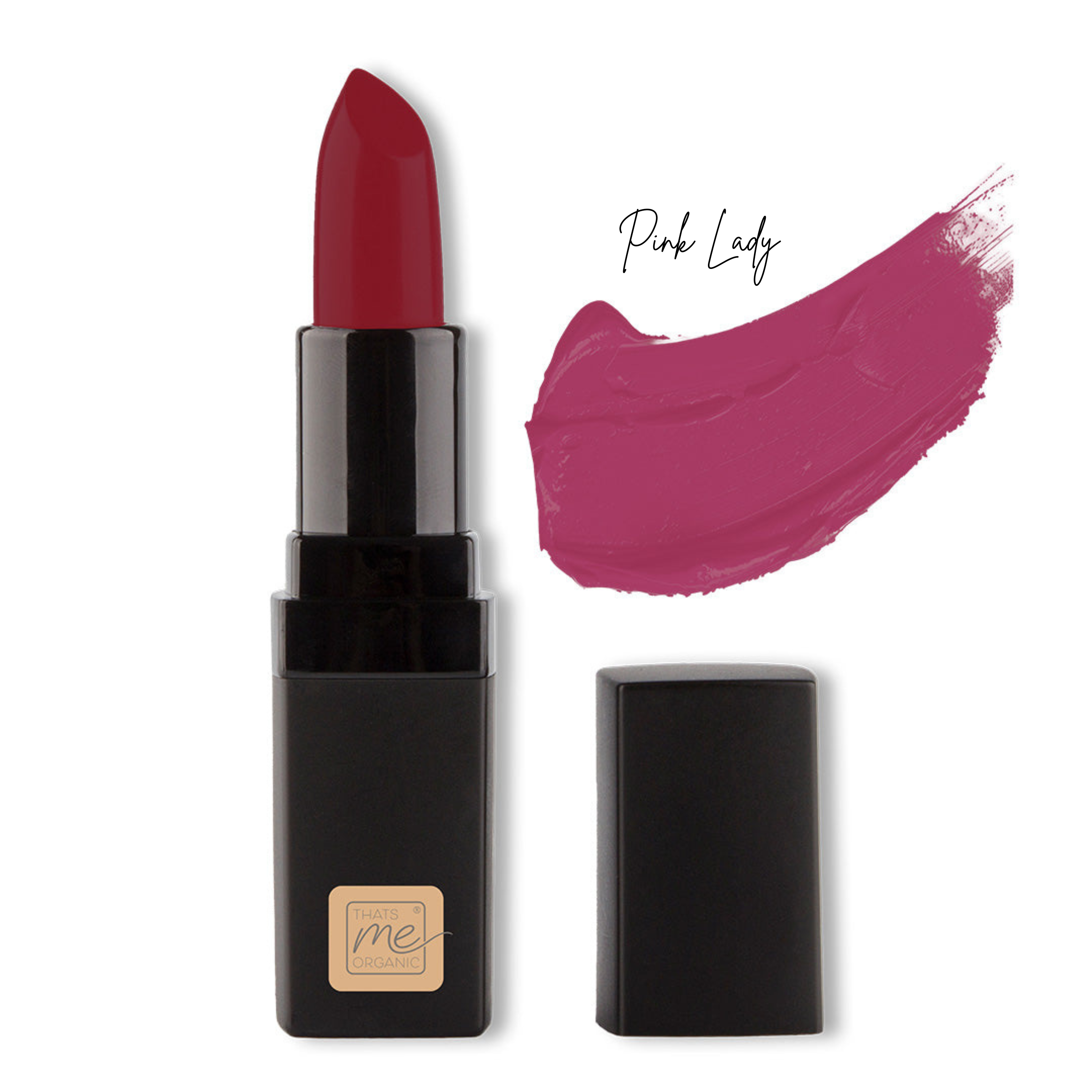 Eine Tube Thats me Organic® Pink Lady dunkelrosa Lippenstift mit passendem Farbmuster und schwarzer Kappe - einer unserer tierversuchsfreien Lippenstifte, ideal für natürliche Lippenpflege.