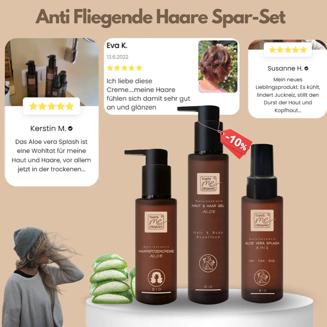 Drei Thats me Organic® Haarpflegeprodukte mit Aloe Vera und Kundenrezensionen, dargestellt mit dem wallenden Haar einer Frau - perfekt für fliegende Haare in trockener Luft.
