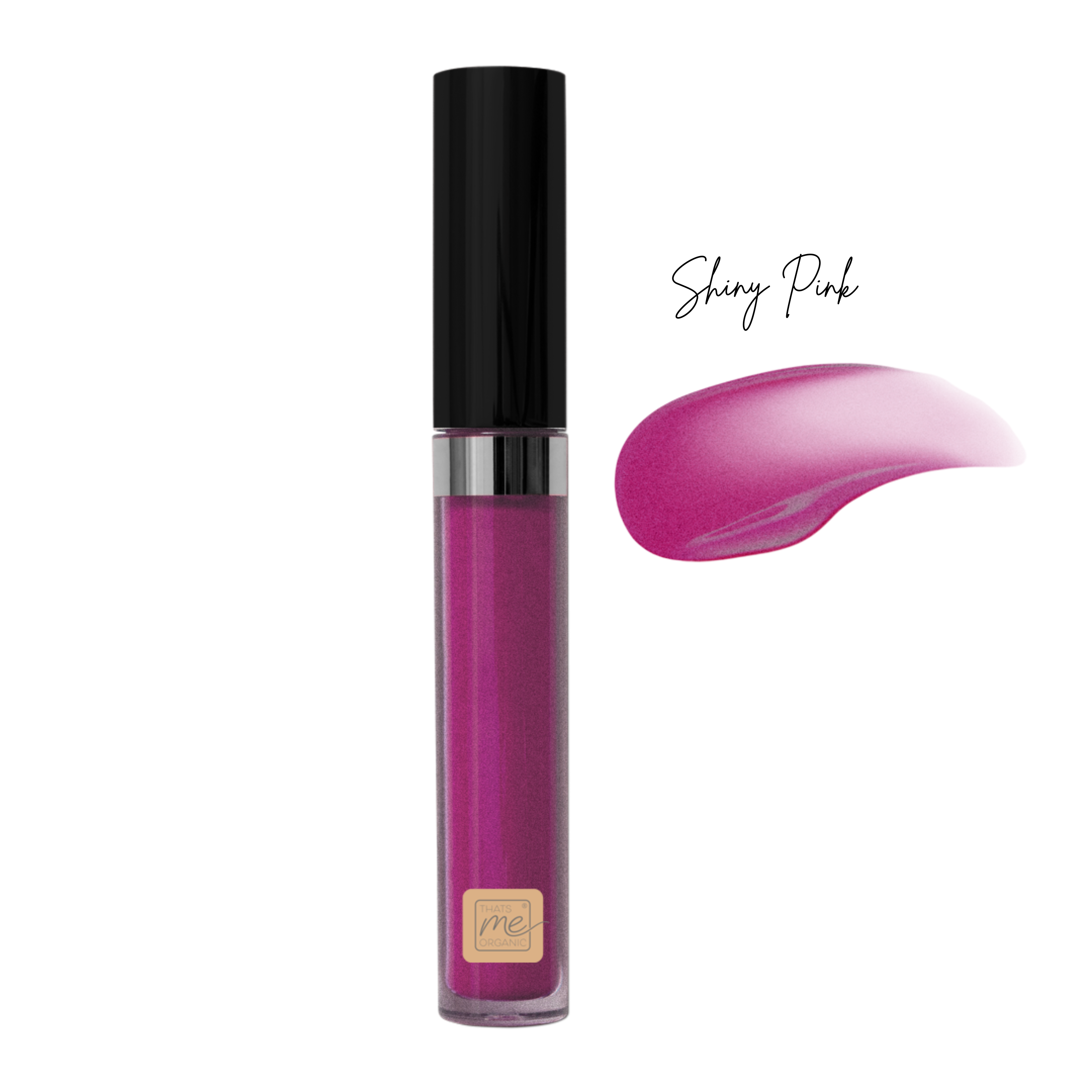 Eine Tube Thats me Organic® Bio-Lipgloss in Pink ist auf weißem Hintergrund abgebildet, daneben eine Probe mit der Aufschrift Shiny Pink - ideal für natürliche Lippenpflege.
