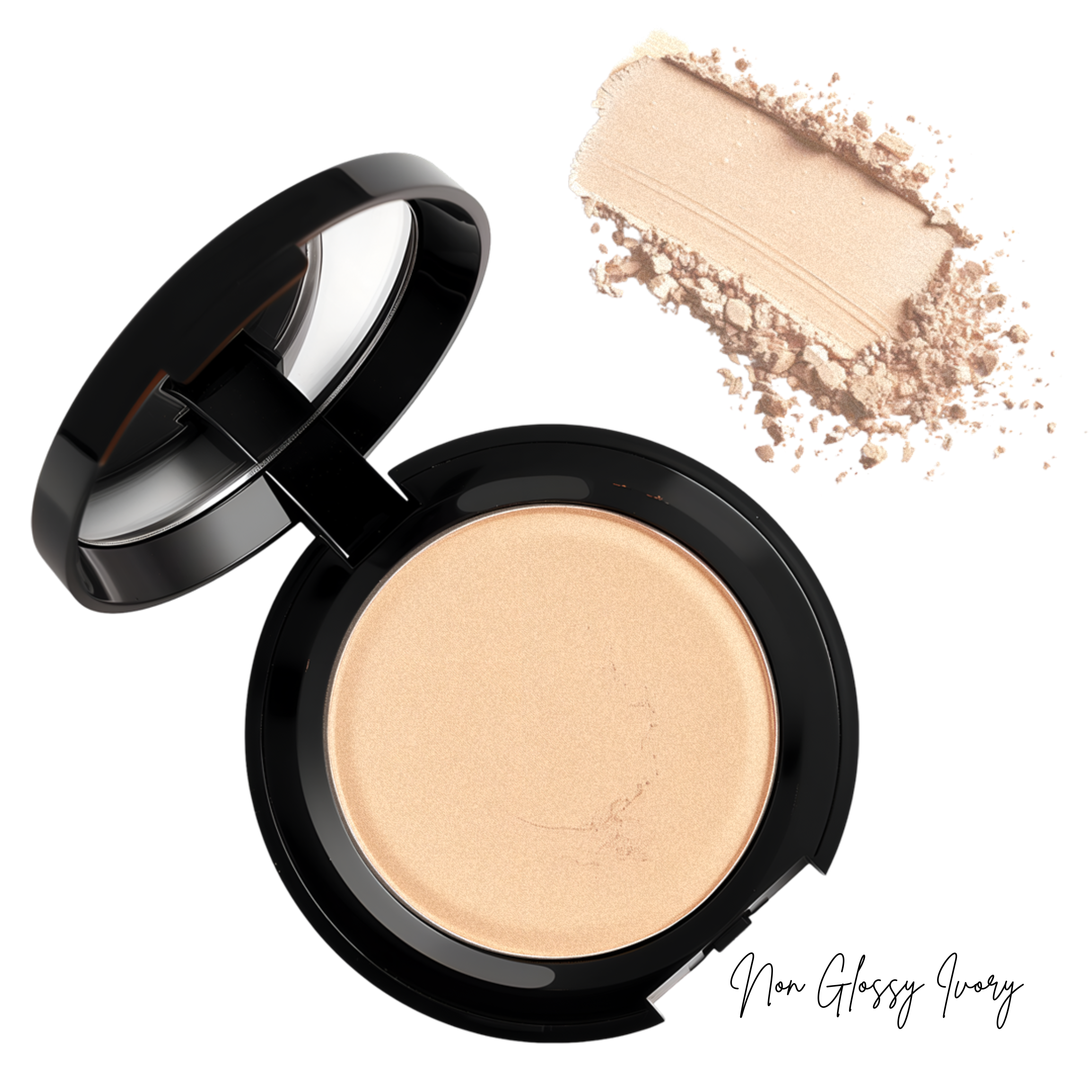 Geöffnete Packung von Thats me Organic® Ivory Bio-Powder Make-up mit einem Muster darüber, das in Schriftform mit Non Glossy Ivory beschriftet ist. Verleiht einen mattierenden Effekt für ein makelloses veganes Finish.