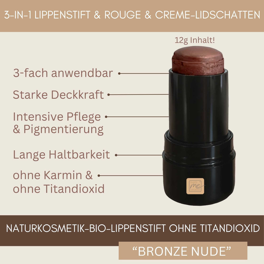 3-in-1 Bio Lippenstift Bronze Nude mit starker Deckkraft, intensiver Pflege und langer Haltbarkeit ohne Titandioxid