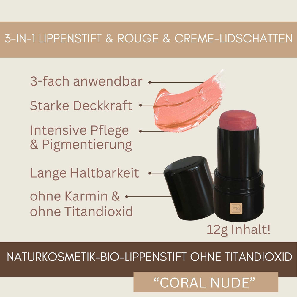 3-in-1 Bio Lippenstift Coral Nude mit starker Deckkraft, intensiver Pflege und langer Haltbarkeit ohne Titandioxid