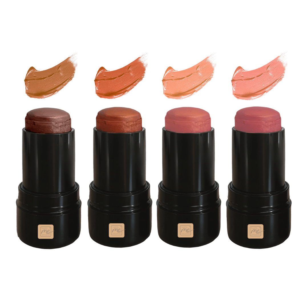 Vier 3 in 1 Make-up Sticks in verschiedenen Nude Farbtönen mit passenden Farbswatches darüber