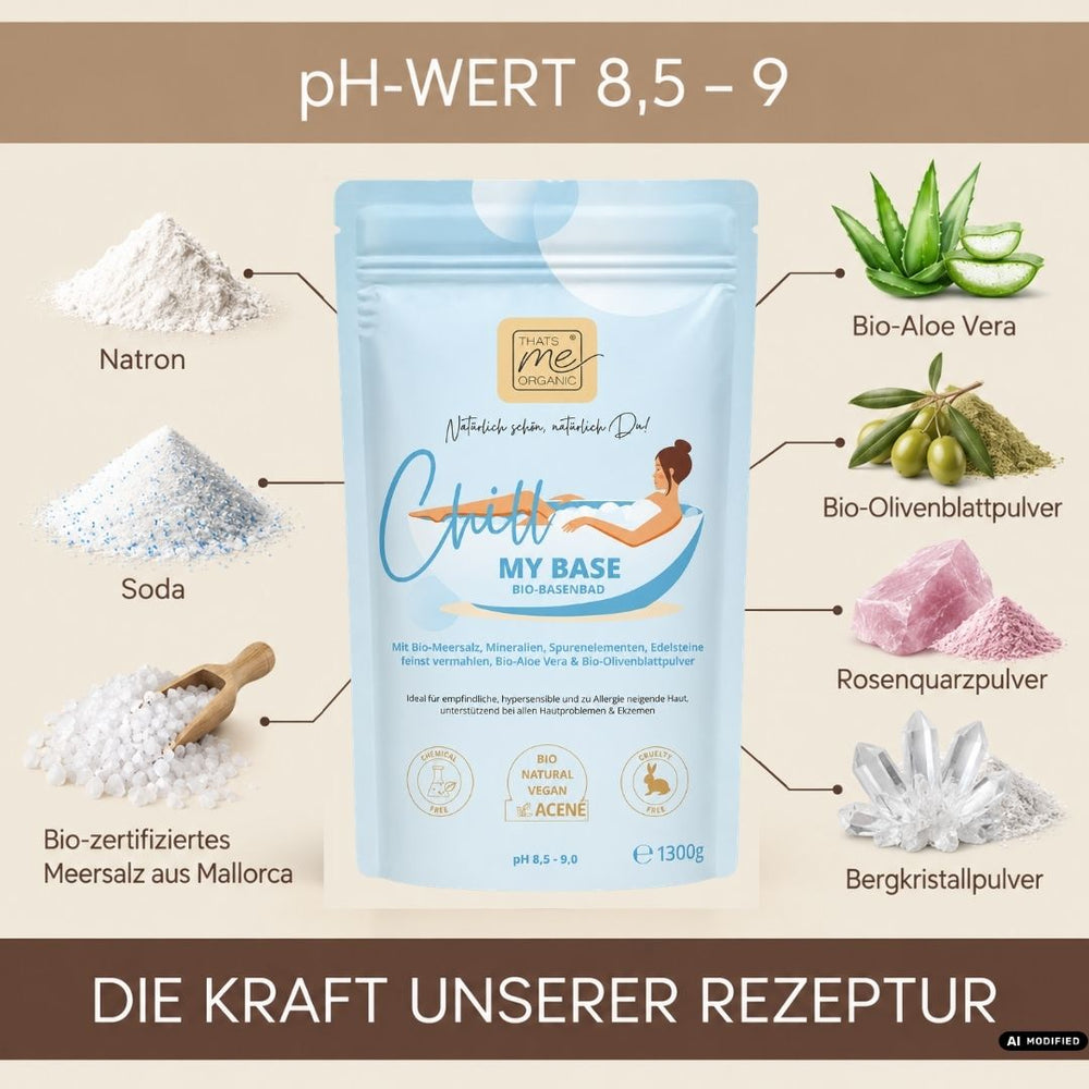 Chill My Base Bio-Basenbad mit Natron, Soda, Bio-Meersalz, Bio-Aloe Vera, Bio-Olivenblatt, Rosenquarz und Bergkristall