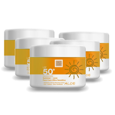 Fünf weiße und gelbe Thats me Organic®-Sonnenschutztiegel mit der Aufschrift LSF 50+ und einem Sonnensymbol, gruppiert - perfekt für mineralischen Sonnenschutz und Bio Gesichts-Sonnencreme.