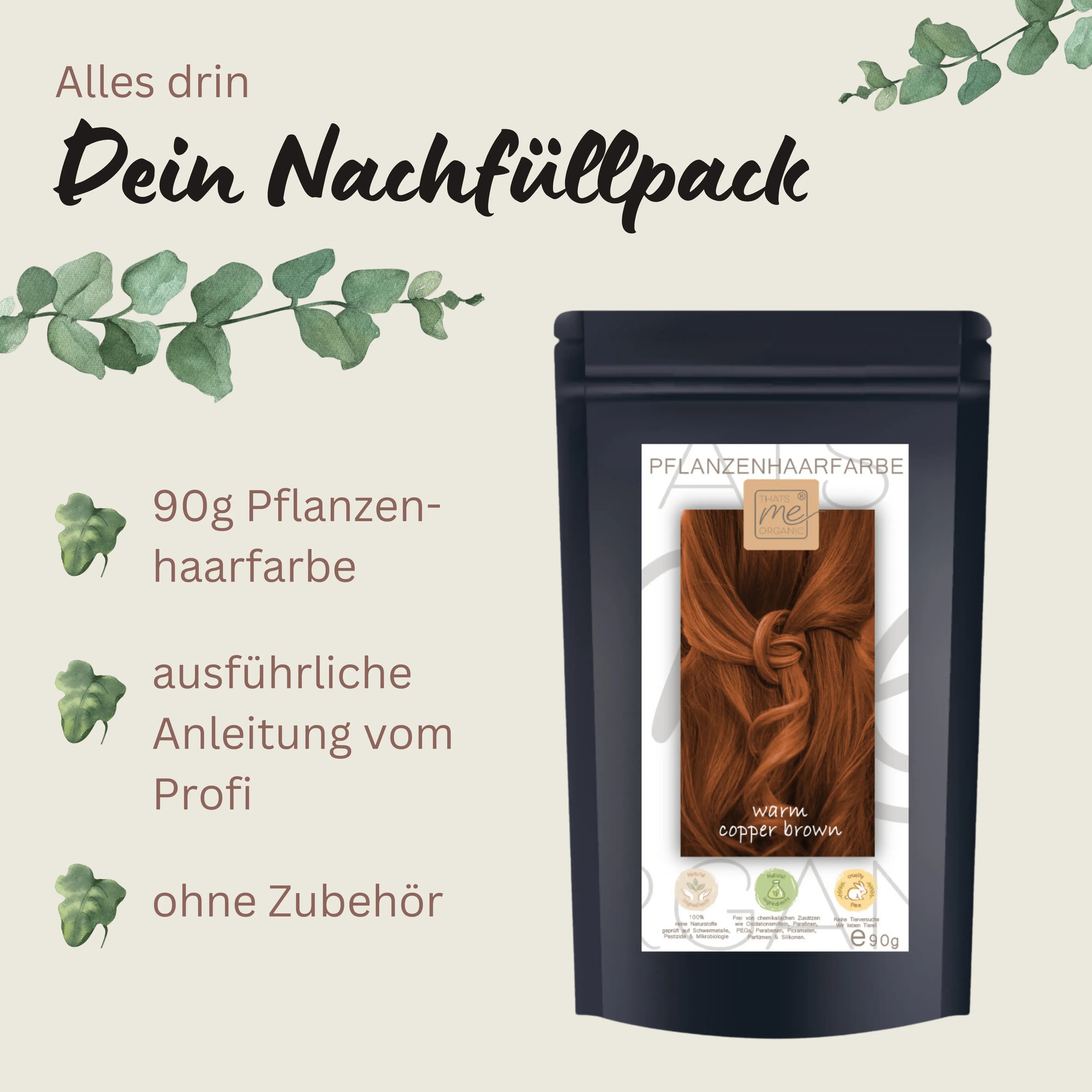 Profi-Pflanzenhaarfarbe warmes Kupfer-Braun "warm copper brown" 90g Nachfüllpack