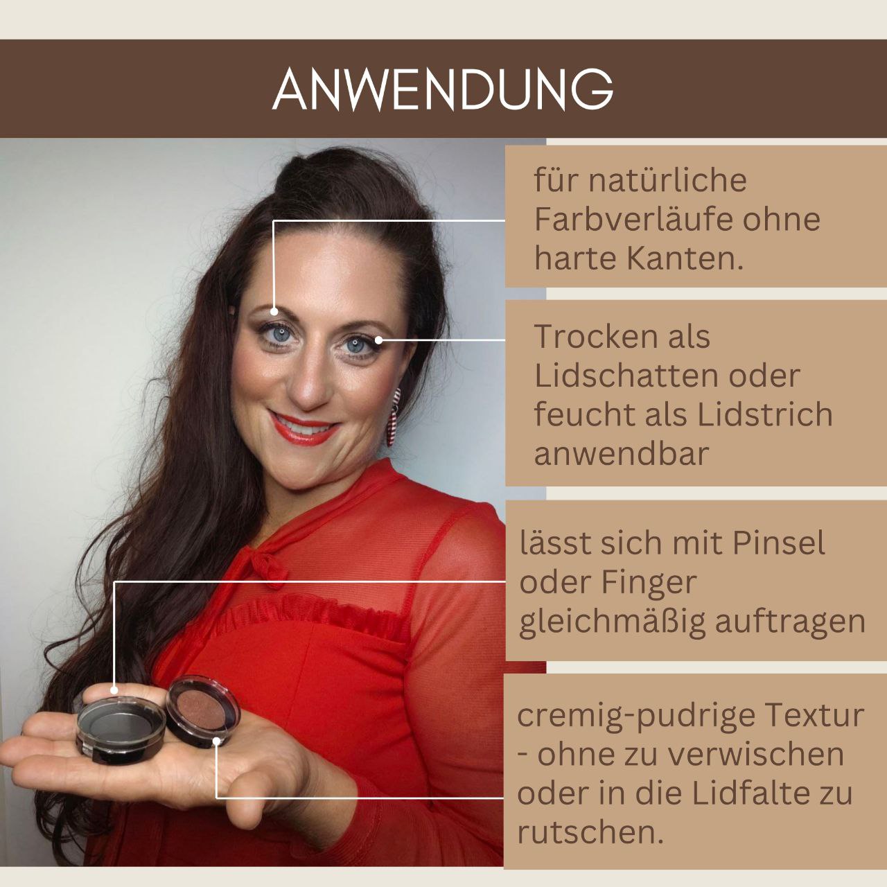 Frau hält Thats me Organic® Naturkosmetik Lidschatten; Text gibt Tipps für ein natürliches, veganes und titandioxidfreies Augen-Make-up.