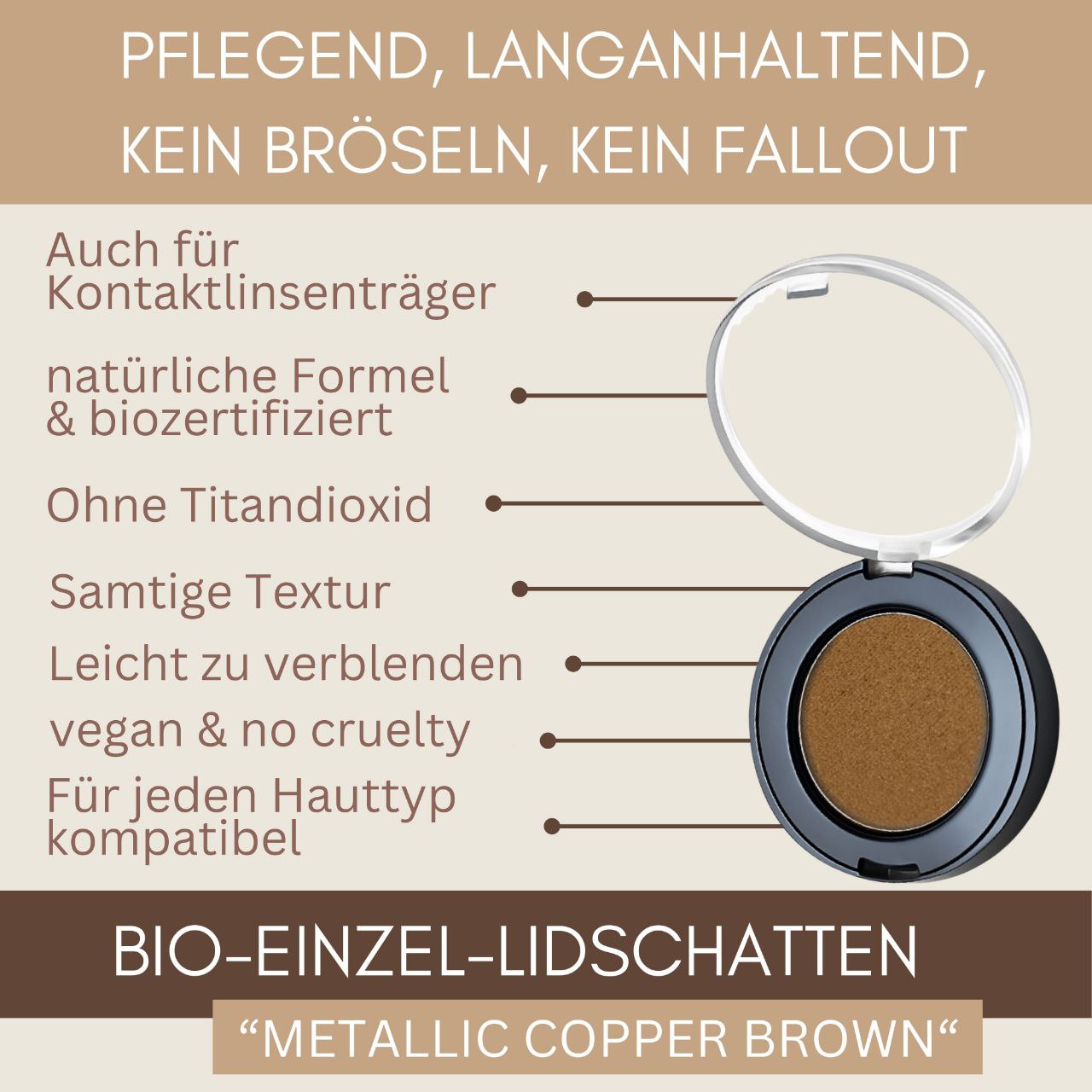 Thats me Organic® Lidschatten Compact in Metallic Copper Brown, titandioxidfrei, mit Merkmalen auf Deutsch präsentiert, beiger Hintergrund.