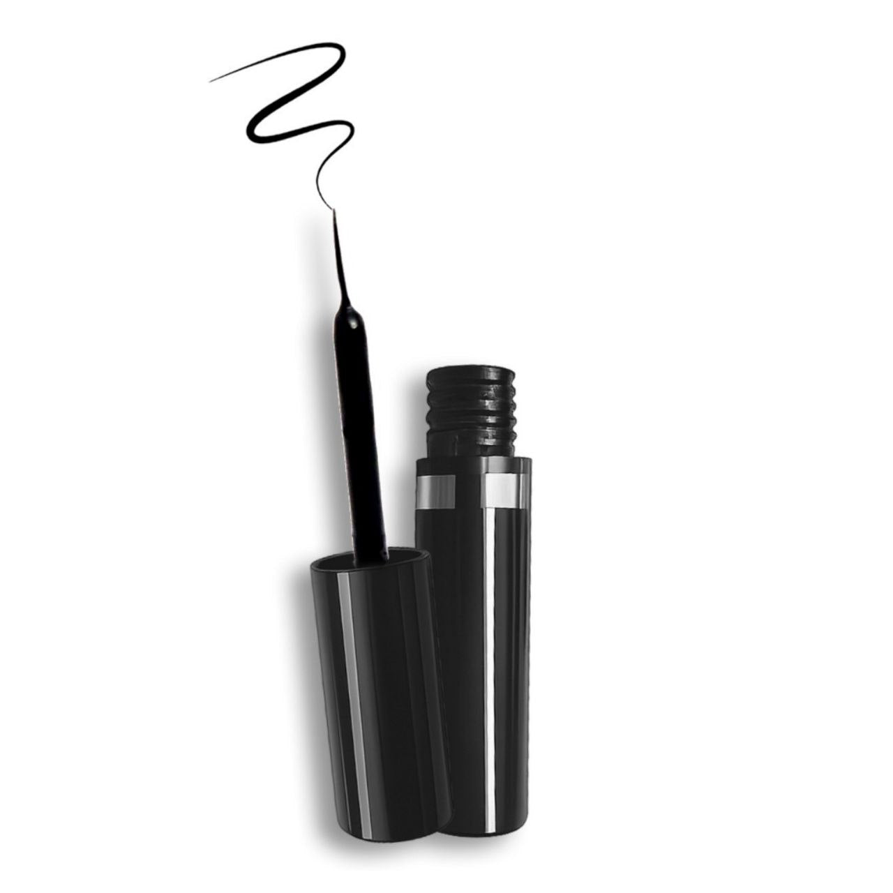 Der offene schwarze Thats me Organic® Bio Eyeliner mit Pinselapplikator zeigt eine geschwungene schwarze Linie oberhalb der Flasche - perfekt für empfindliche Augen und ohne Titandioxid formuliert.