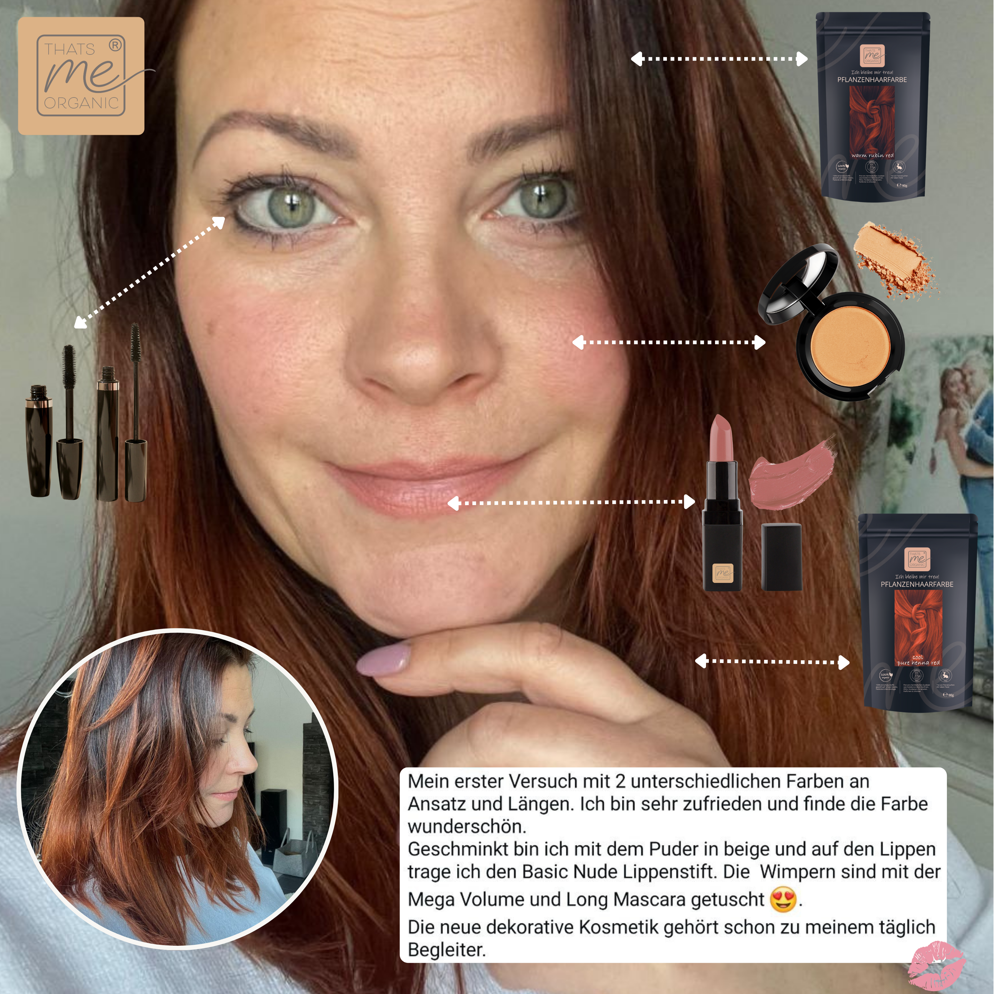 Eine Frau mit hellbraunem Haar und natürlichem Make-up ist umgeben von Thats me Organic® tierversuchsfreien Lippenstiften und deutschen Produktbeschreibungen.