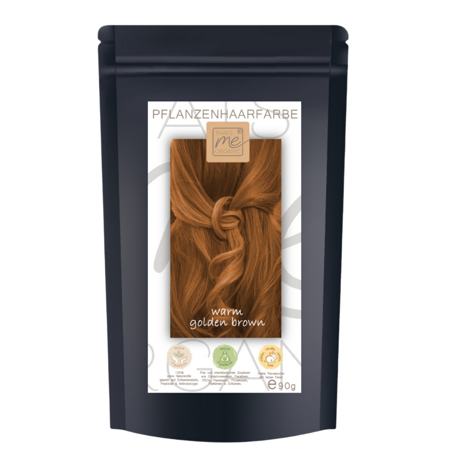 Schwarzer Beutel mit Etikett, das warmes goldbraunes geflochtenes Haar zeigt, beschriftet mit "Pflanzenhaarfarbe" und "warmes goldbraun".