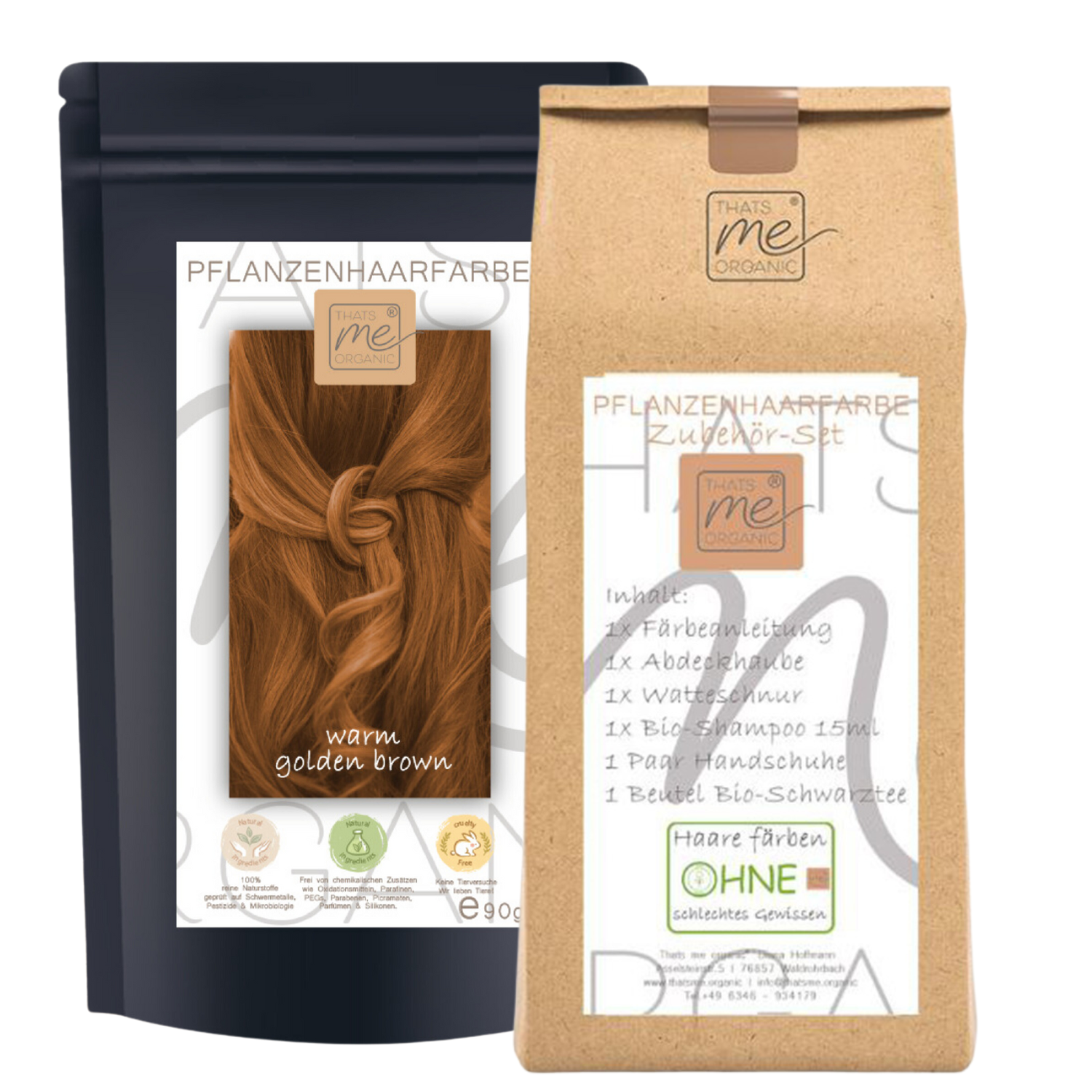 Zwei Packungen Bio-Haarfärbemittel auf Pflanzenbasis, eine davon mit der Aufschrift warmes Goldbraun.