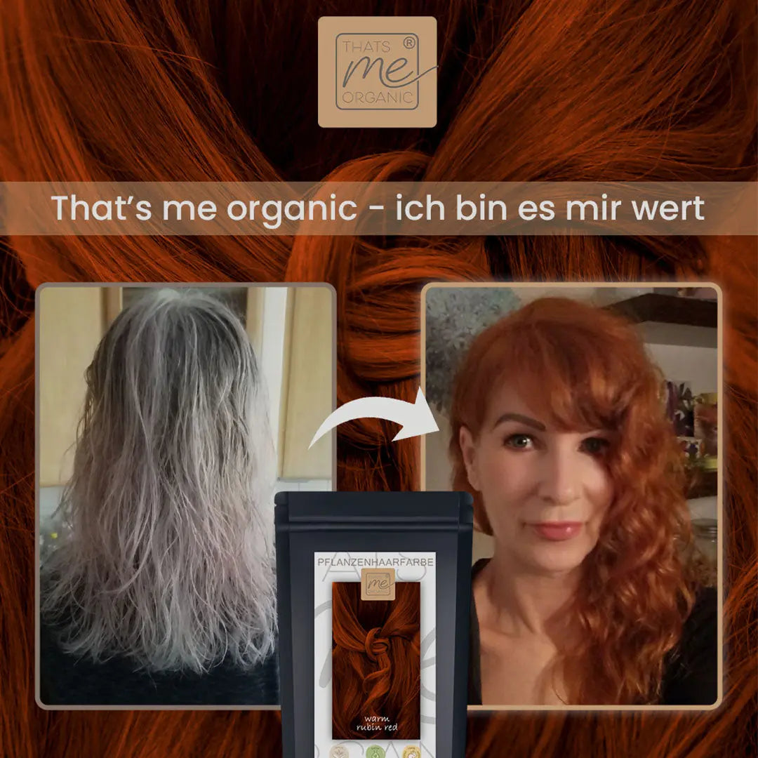 Vor und nach dem Färben: Graues Haar wird satt rot mit Thats me Organic® Pflanzenhaarfarbe für natürliche Haarpflege.