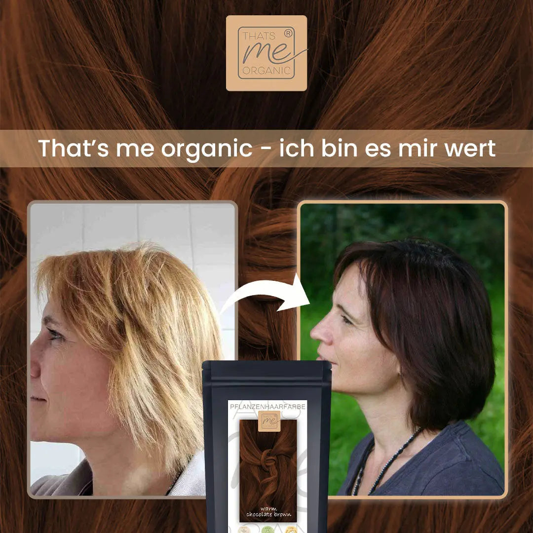 Nebeneinander stehende Fotos zeigen das Haar einer Frau vor und nach dem Färben mit Thats me Organic® Pflanzenhaarfarbe, dazu eine Haarfärbebox und einen deutschen Text.