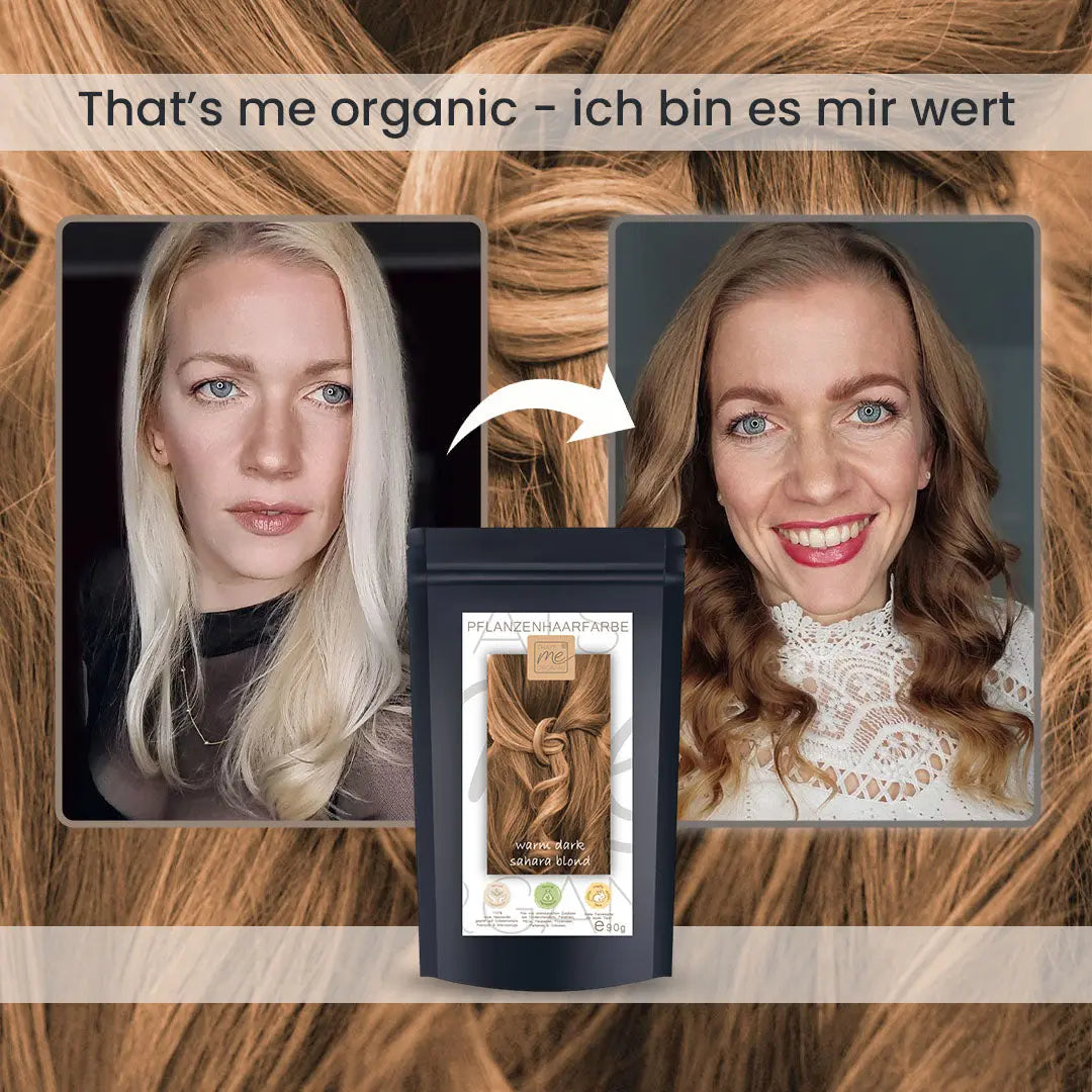 Vorher- und Nachher-Fotos einer Frau, die Thats me Organic® Pflanzenhaarfarbe verwendet, mit dem Bio-Haarfärbemittel und Bio-Shampoo in der Mitte für natürliche Haarpflege angezeigt.