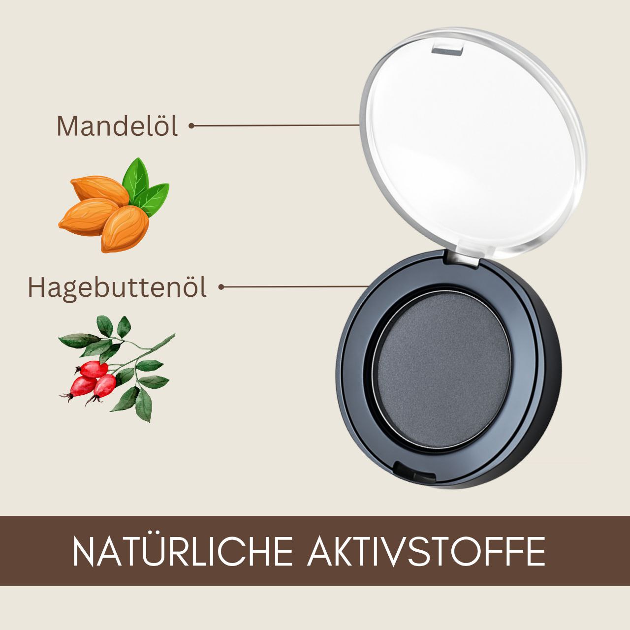 Thats me Organic® Lidschatten compact enthält Etiketten für Mandelöl und Hagebuttenöl. Der Text lautet NATÜRLICHE AKTIVSTOFFE. Vegane und titandioxidfreie Formel.