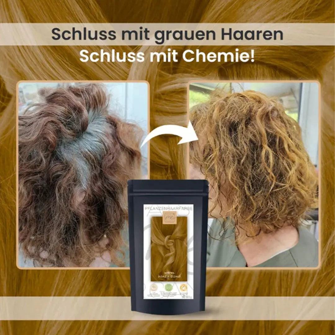 Vorher- und Nachher-Fotos zeigen graues Haar, das mit Thats me Organic® Pflanzenhaarfarbe braun gefärbt wurde, mit einem deutschen Text über natürliche Haarpflege.