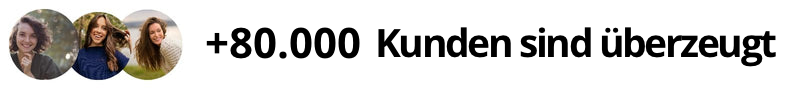 Vier Porträtfotos neben einem Text in deutscher Sprache: +80.000 Kunden sind überzeugt.