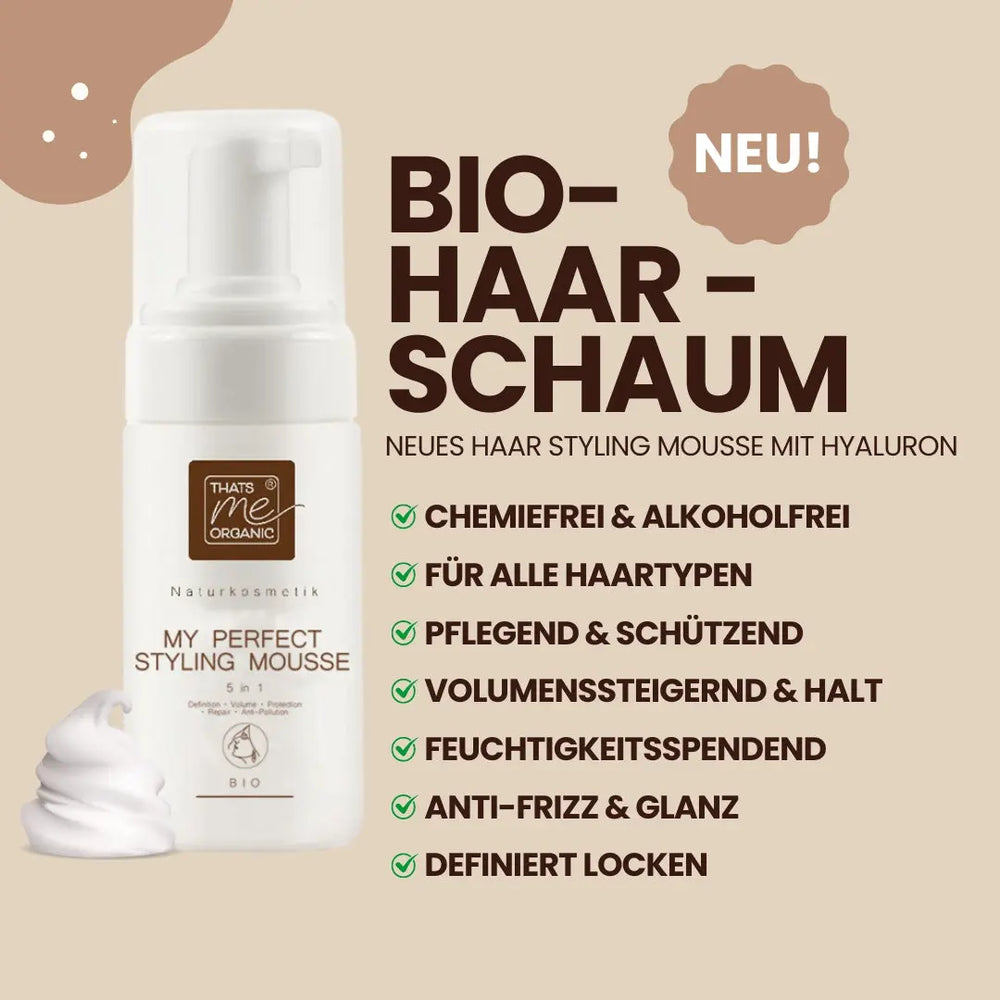 Thats me Organic® Bio-Haarschaum sorgt mit natürlichen Inhaltsstoffen für Volumen, Feuchtigkeit, Anti-Frizz und gesunde Pflege - das perfekte Mousse für natürlich schönes Haar.