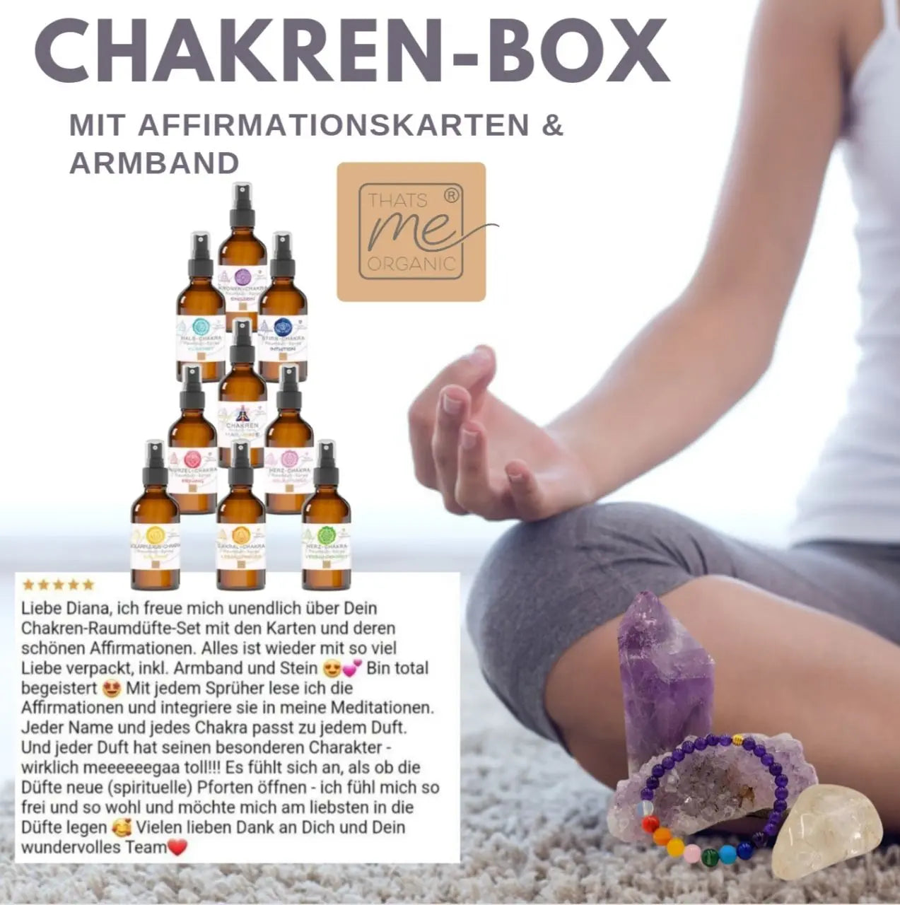Chakren-Box-Set mit Ölen, Affirmationskarten, Armband, Kristallen und einer Kundenbewertung auf weißem Hintergrund.