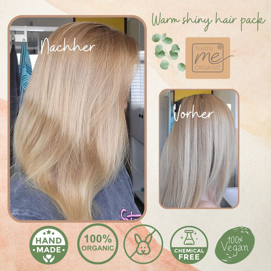 Vergleich der Haare vor und nach der Anwendung einer organischen, veganen Haarpackung; das Haar sieht danach glänzender aus.