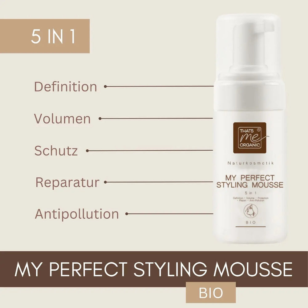 Eine Flasche Thats me Organic® Styling Mousse mit natürlichen Inhaltsstoffen, die 5 Vorteile bietet: Definition, Volumen, Schutz, Reparatur und Antipollution.