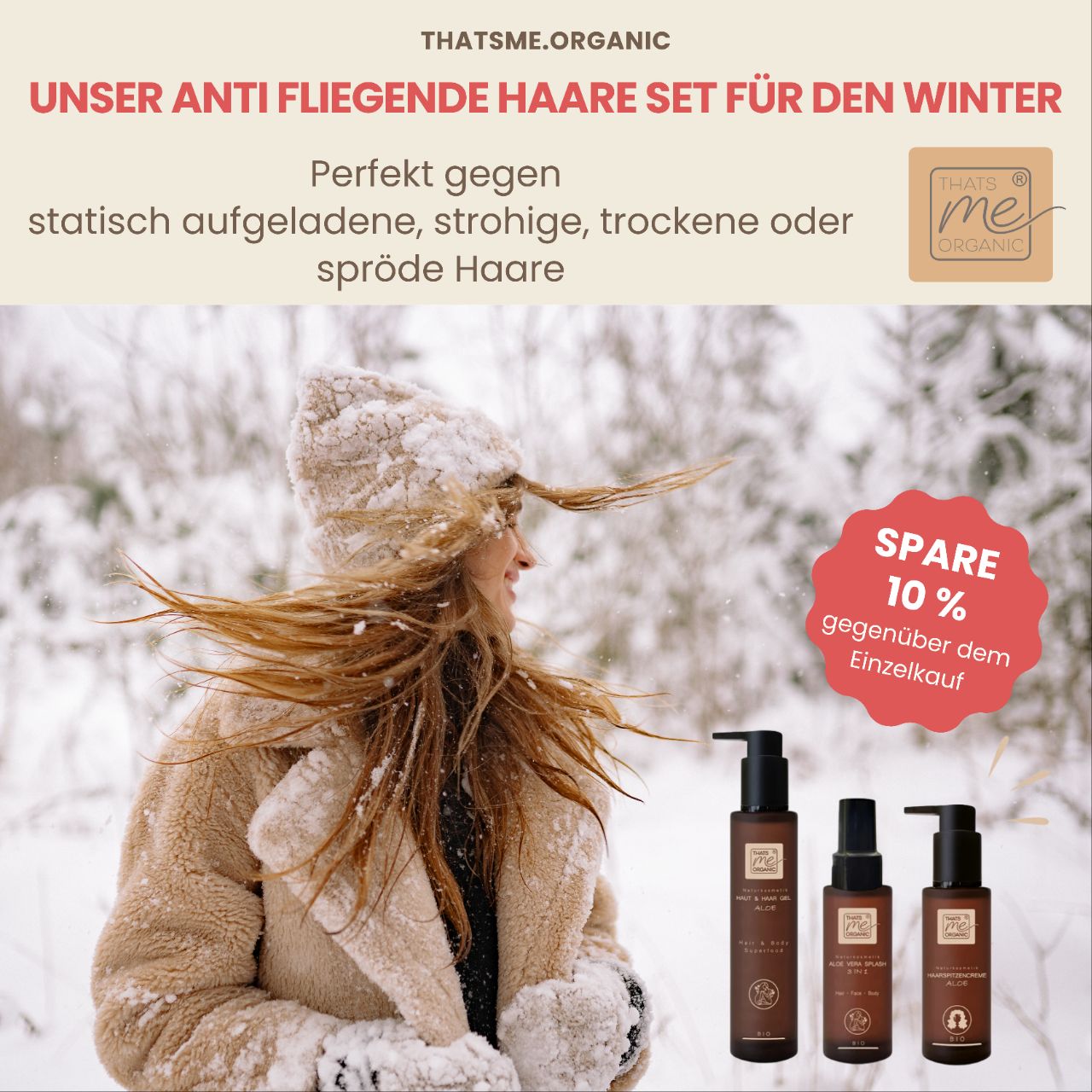 Eine Frau in Wintermantel und Mütze mit fliegenden Haaren steht bei Thats me Organic® Haarpflegeprodukten - idealer Schutz gegen trockene Luft und statische Elektrizität.