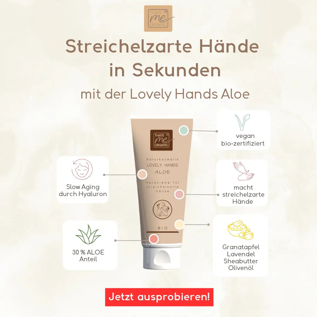 Tube Thats me Organic® Aloe Bio-Naturkosmetik Handcreme, mit Symbolen für die Vorteile von Vegan, Aloe, Hyaluron und natürlichen Inhaltsstoffen.