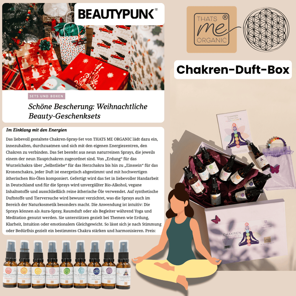 Chakra Aromatherapie Aura-, Raumduft-, Yoga- & Meditationsspray Set in Geschenkbox + Chakra-Edelstein-Armband – für energetische Balance