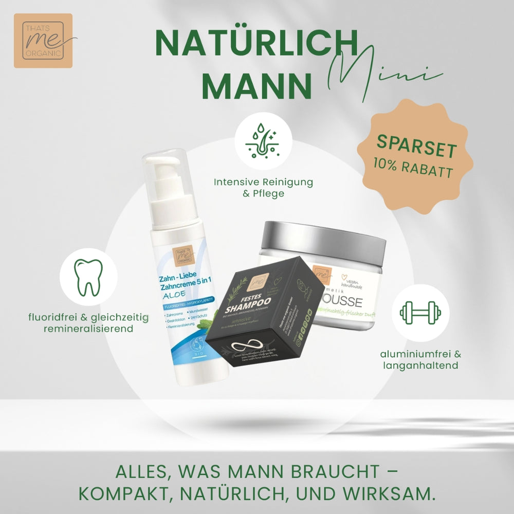 Entdecke das Geschenk Set von Thats me Organic® für natürliche Männerpflege: Drei organische Produkte mit Fokus auf reine Inhaltsstoffe und 10% Rabatt. Das Deo-Mousse Lemongrass schenkt dir langanhaltende Frische.