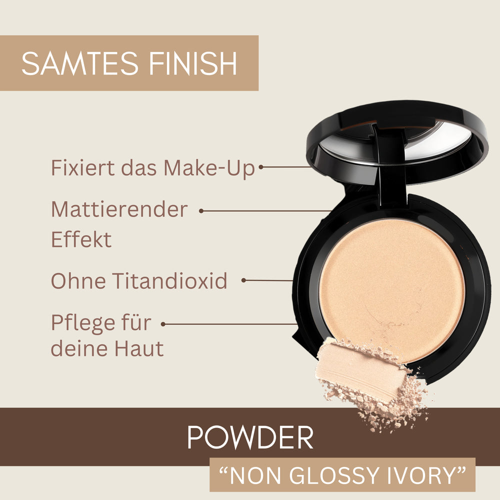 Öffnen Sie ein kompaktes Bio-Puder von Thats me Organic® mit der Aufschrift Non Glossy Ivory und einem deutschen Text über die mattierende Wirkung und die Vorteile für Veganer, der auf einem beigen Hintergrund steht.