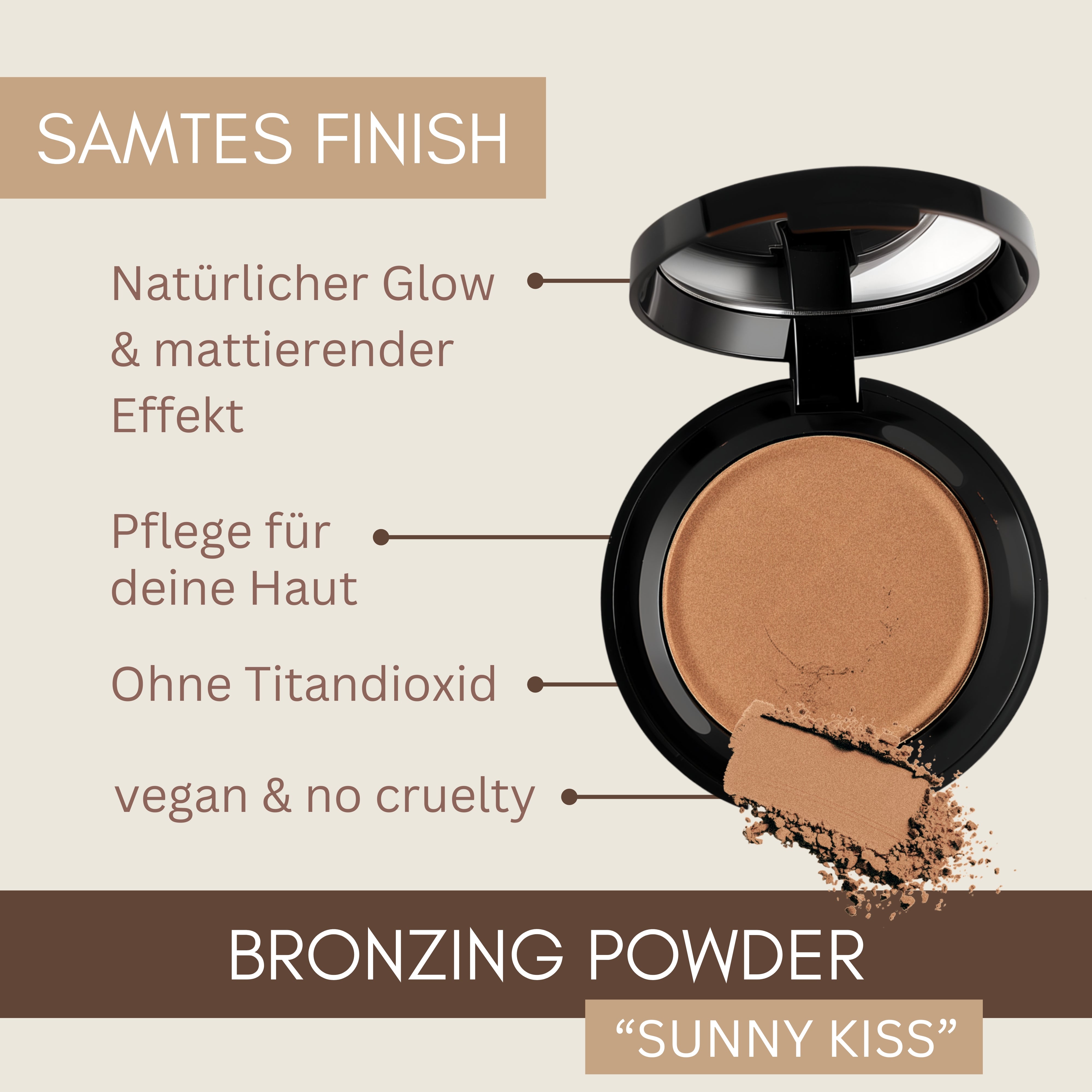 Geöffnete Thats me Organic® Bronzing Powder Compact mit Produktmerkmalen auf Deutsch, präsentiert auf beigem Hintergrund. Enthält natürliche Inhaltsstoffe und ist als veganer Bronzer formuliert.