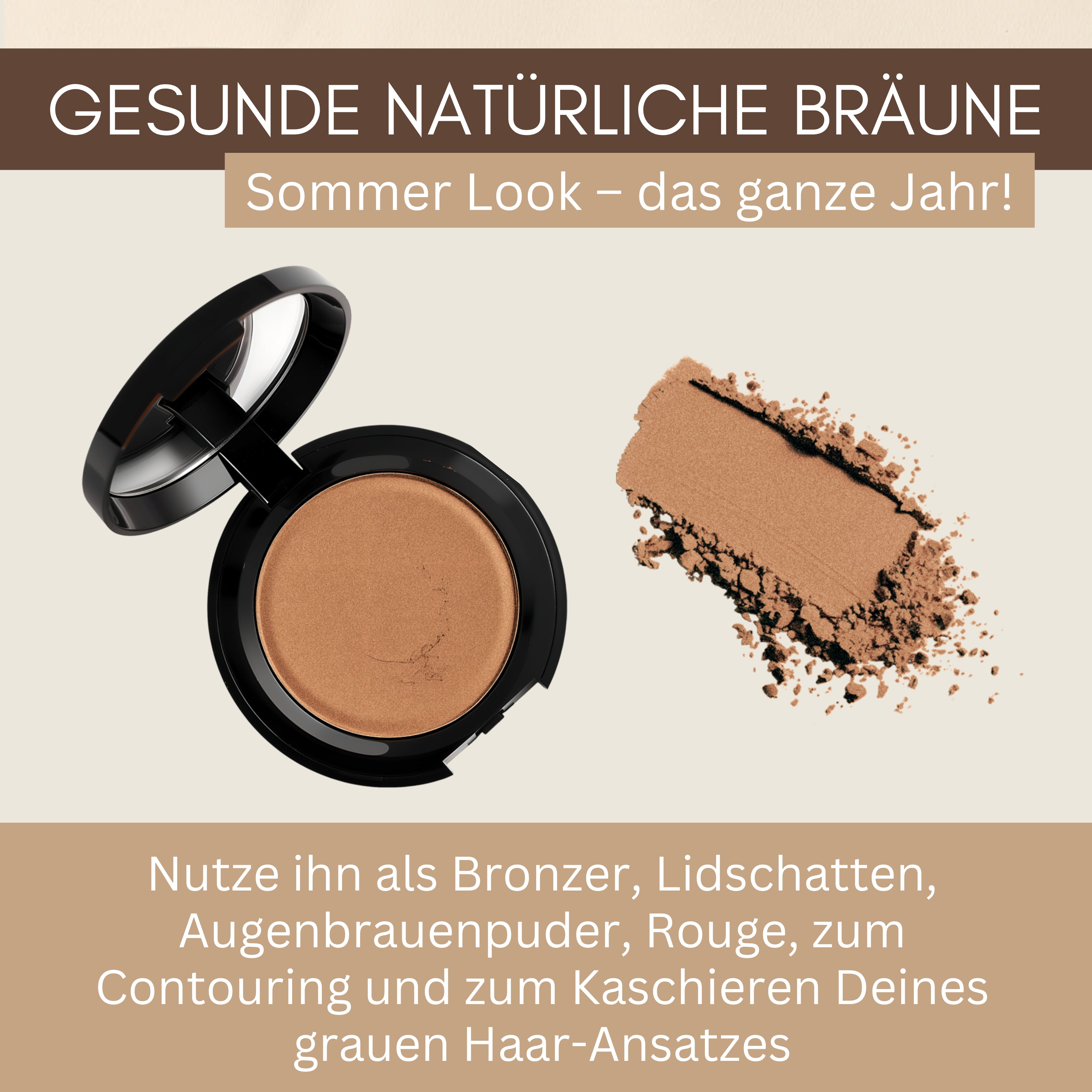 Offene Puderdose und Puderschimmer auf beigefarbenem Hintergrund - entdecken Sie Anwendungstipps für den veganen Bronzer mit natürlichen Inhaltsstoffen von Thats me Organic®.