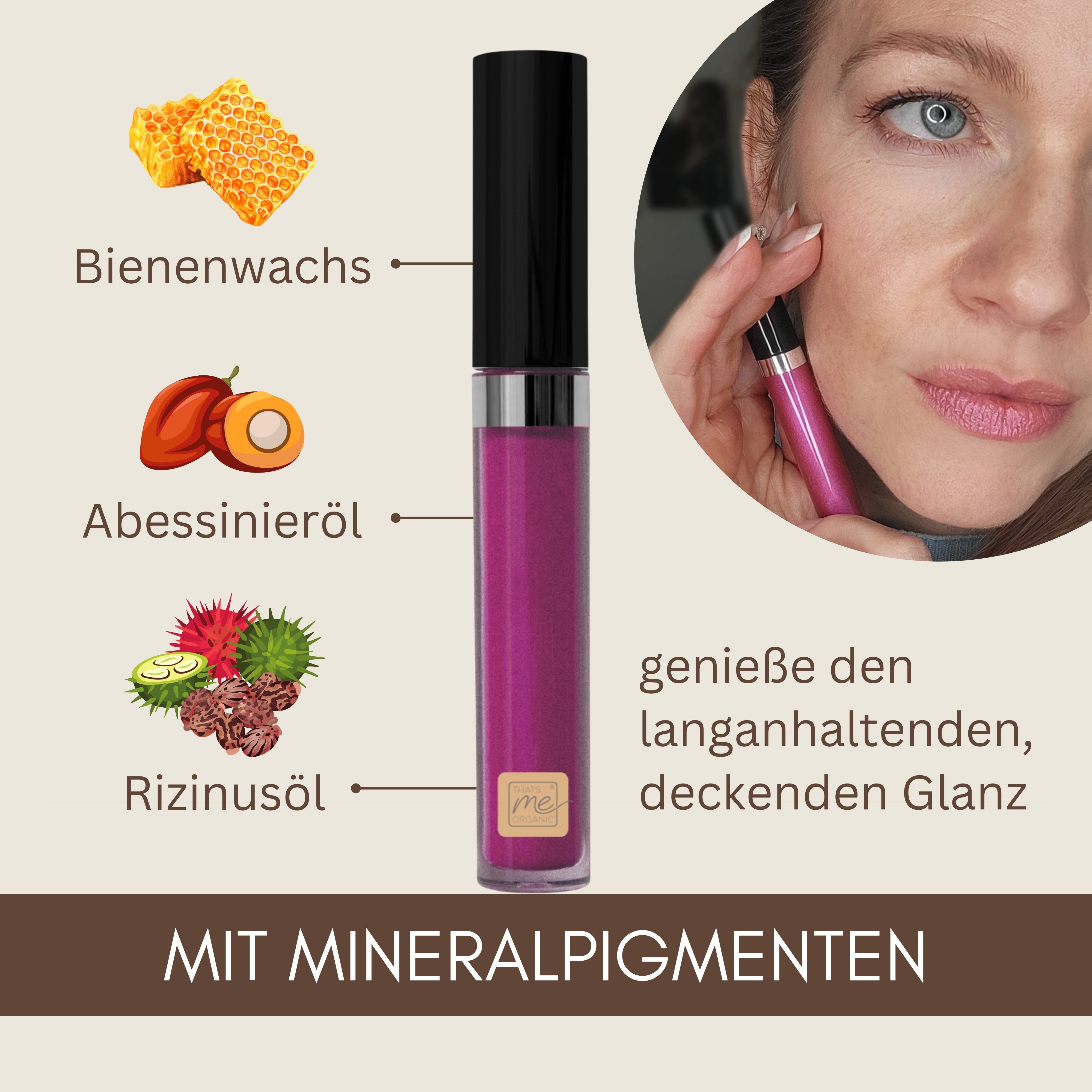Thats me Organic® Pink Bio-Lipgloss mit Bienenwachs, Abyssinianöl und Rizinusöl - natürliche Lippenpflege für Frauen, während sie das Produkt auftragen; deutscher Text.