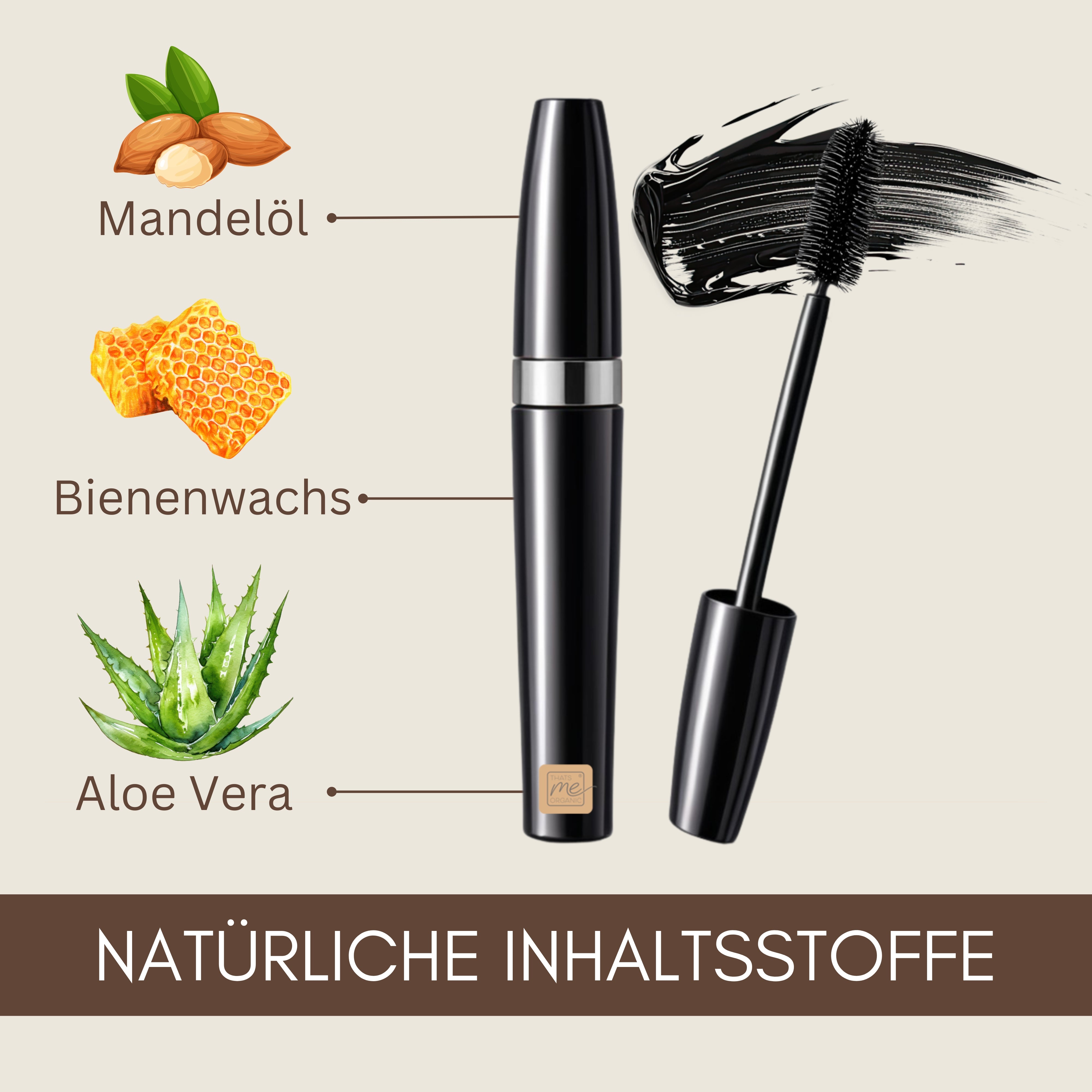 Thats me Organic® Mascara mit natürlichen Inhaltsstoffen wie Mandelöl, Bienenwachs und Aloe Vera - als Bio-Wimperntusche in Deutschland ausgezeichnet.