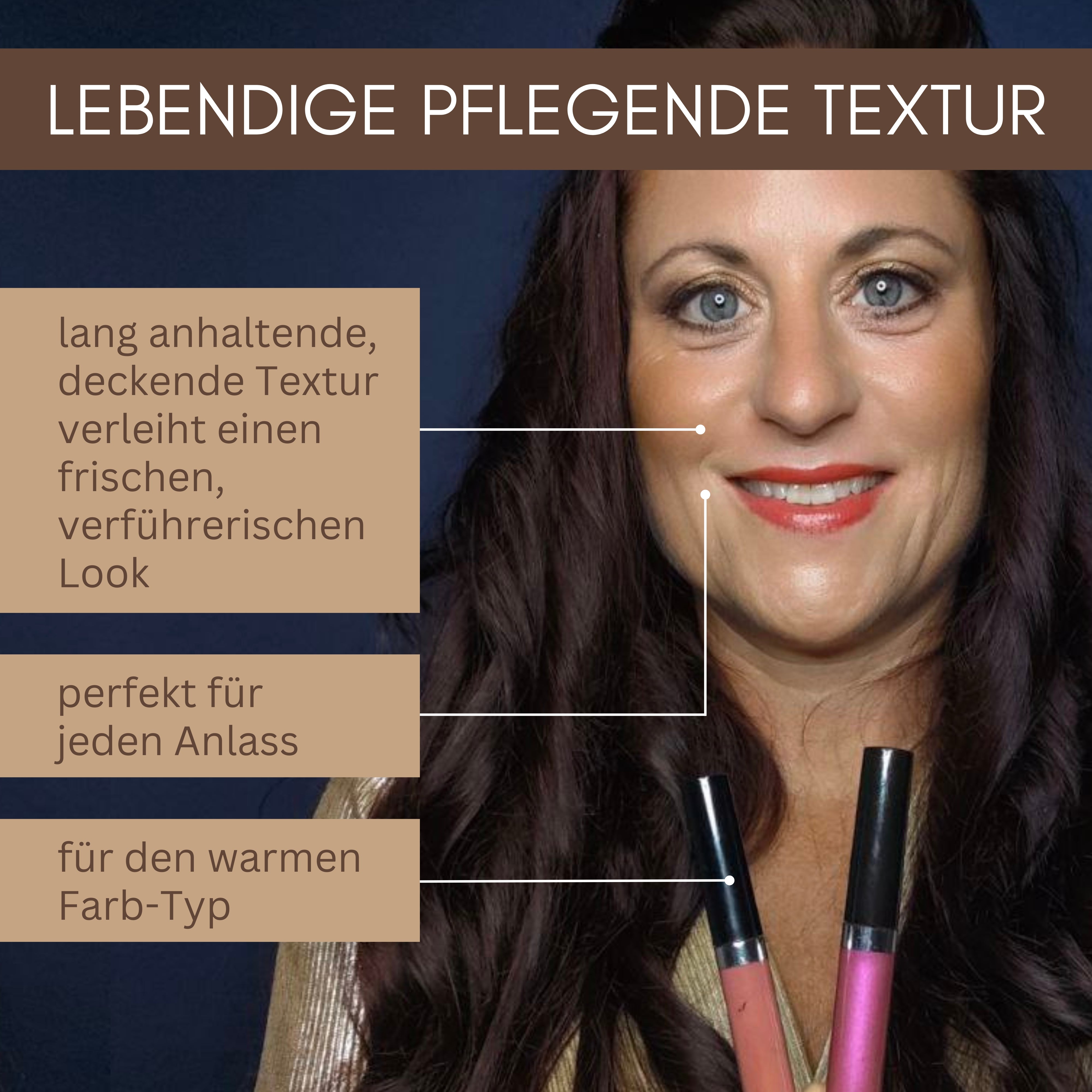 Eine Frau mit langen braunen Haaren hält zwei Thats me Organic® Bio-Lipgloss Tuben; deutscher Text hebt die Vorteile des natürlichen, veganen Lipgloss für sanfte Lippenpflege hervor.