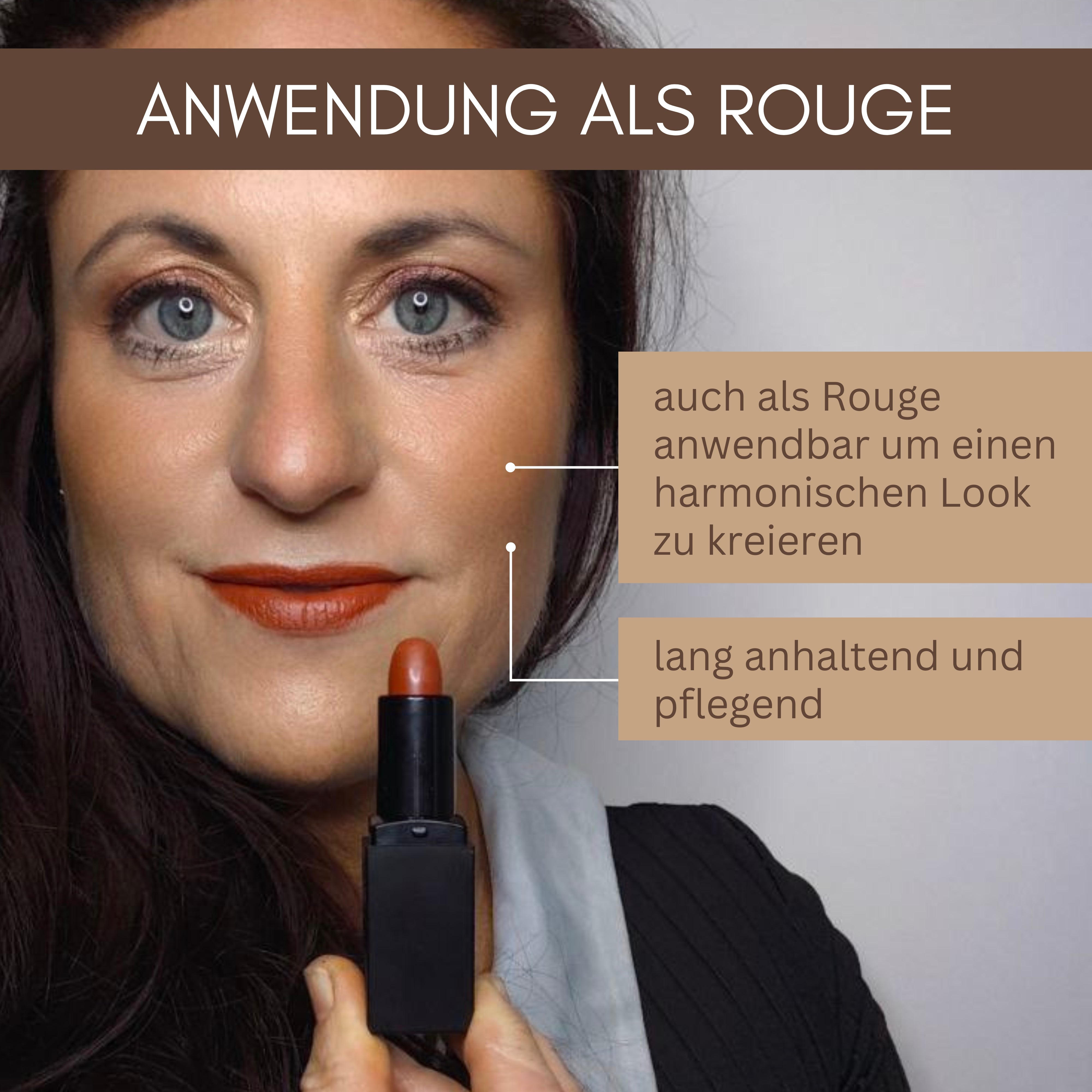 Eine Frau trägt Thats me Organic® vegane Bio-Lippenstifte als Rouge auf; der Text erläutert Anwendung und Vorteile des Produkts.