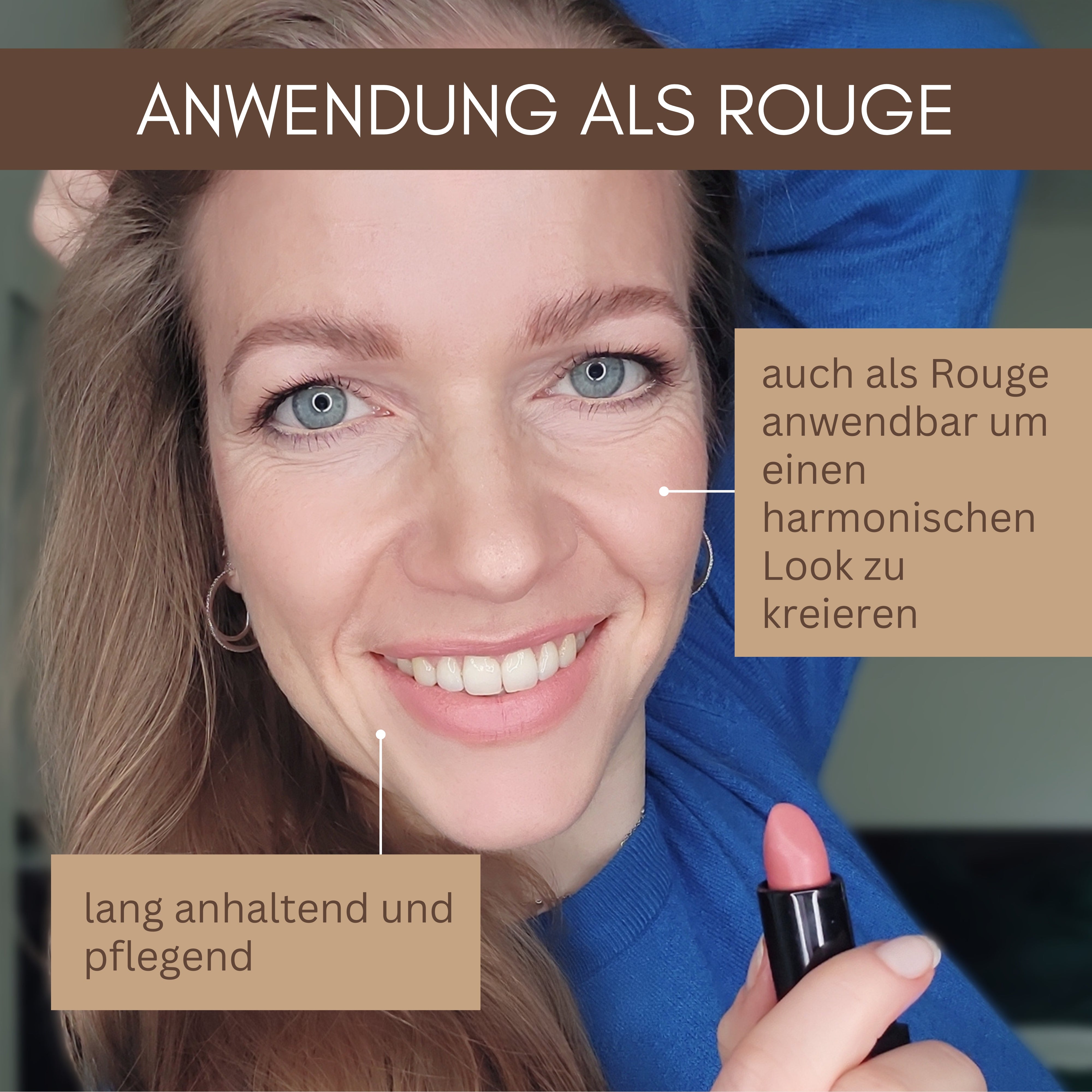 Eine lächelnde Frau trägt Lippenstift auf ihre Wange auf, während der deutsche Text Thats me Organic® vegane Bio-Lippenstifte als langanhaltendes und pflegendes Rouge hervorhebt.