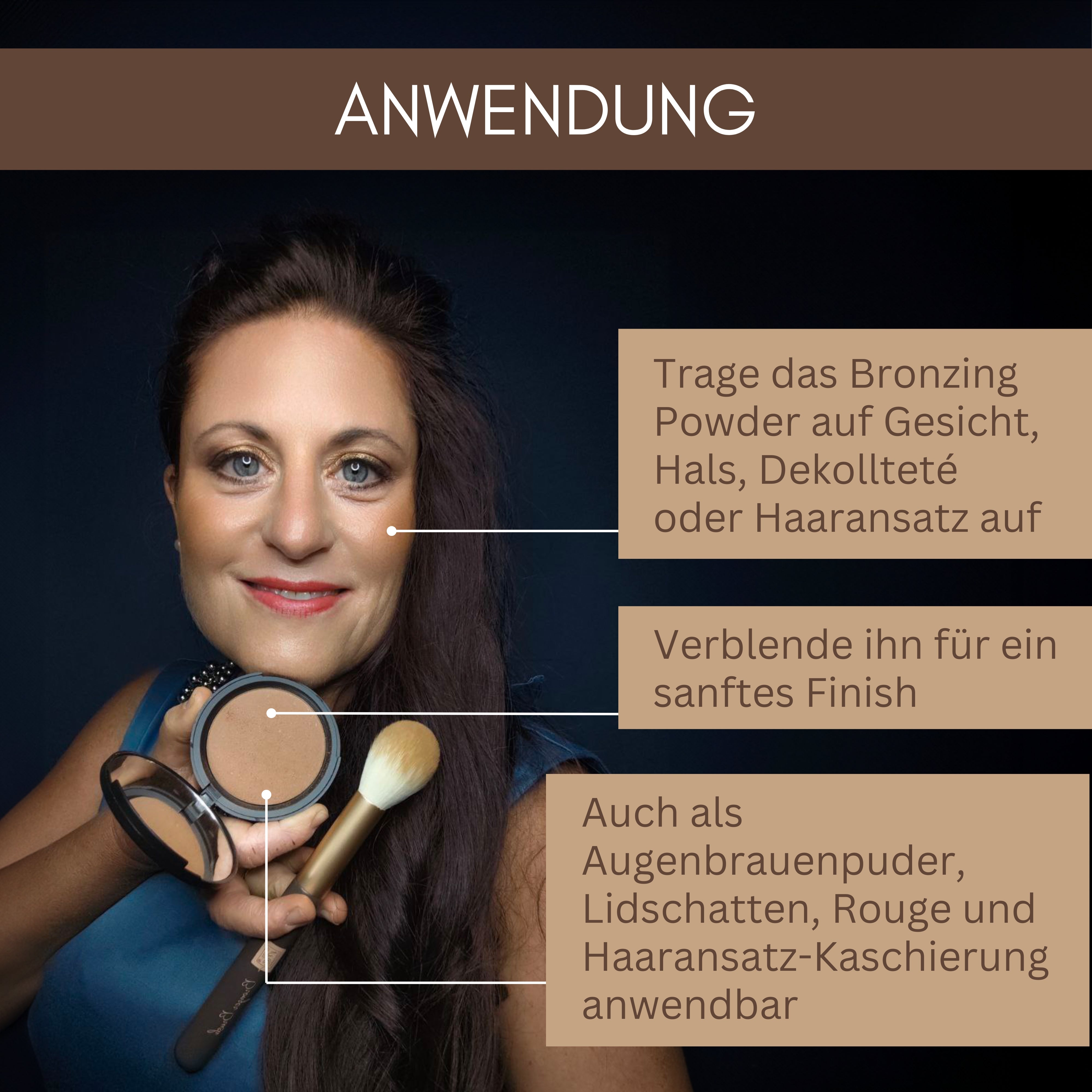 Eine Frau trägt Thats me Organic® veganen Bronzer mit einem Pinsel auf ihr Gesicht auf, hält einen Spiegel und folgt den deutschen Anweisungen. Dieser vegane Bronzer verleiht Ihrer Haut einen natürlichen Glow.