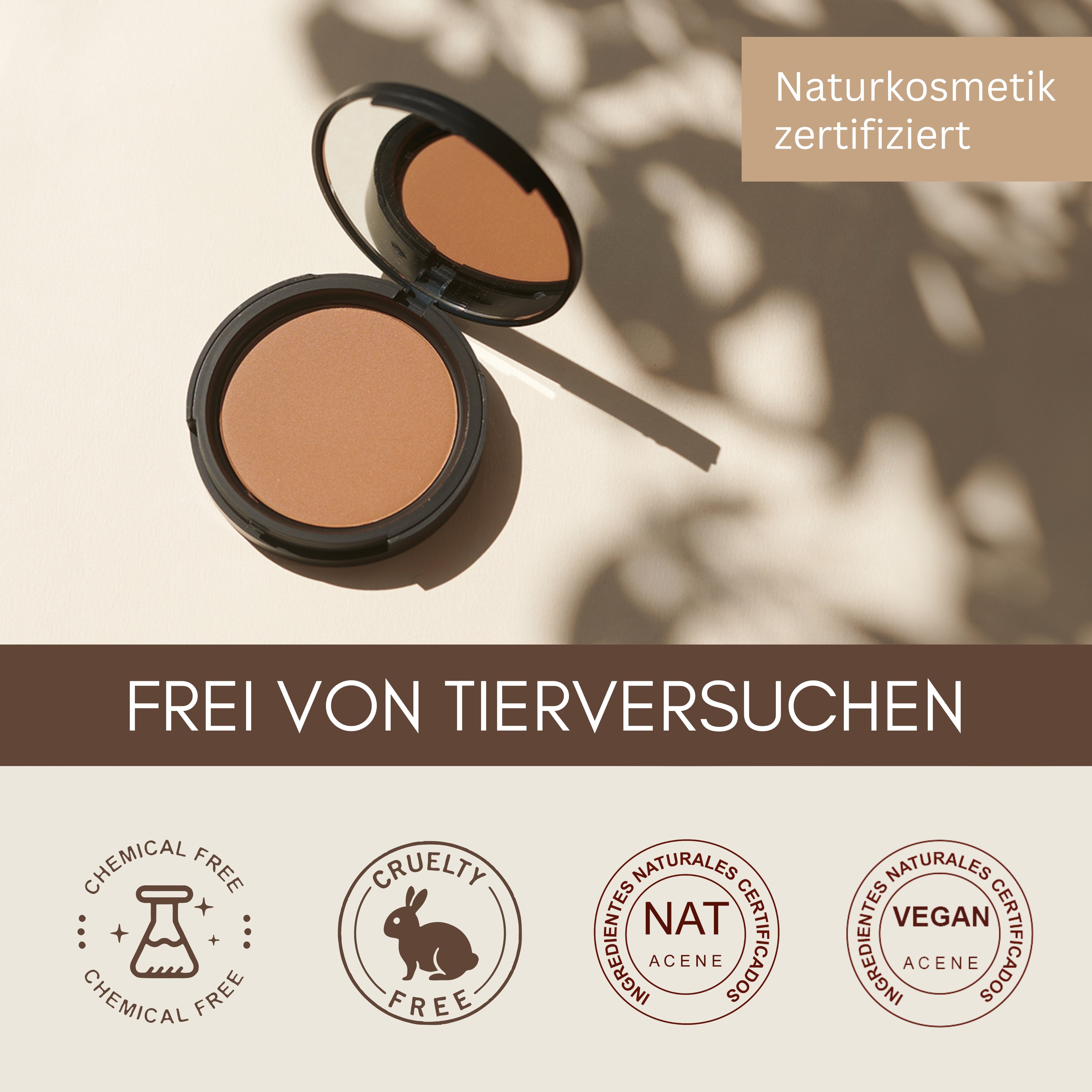 Ein kompakter Bronzing Powder von Thats me Organic® mit Zertifizierungs-Icons: vegan, cruelty free und natürlichen Inhaltsstoffen - der perfekte vegane Bronzer für einen natürlichen Look.
