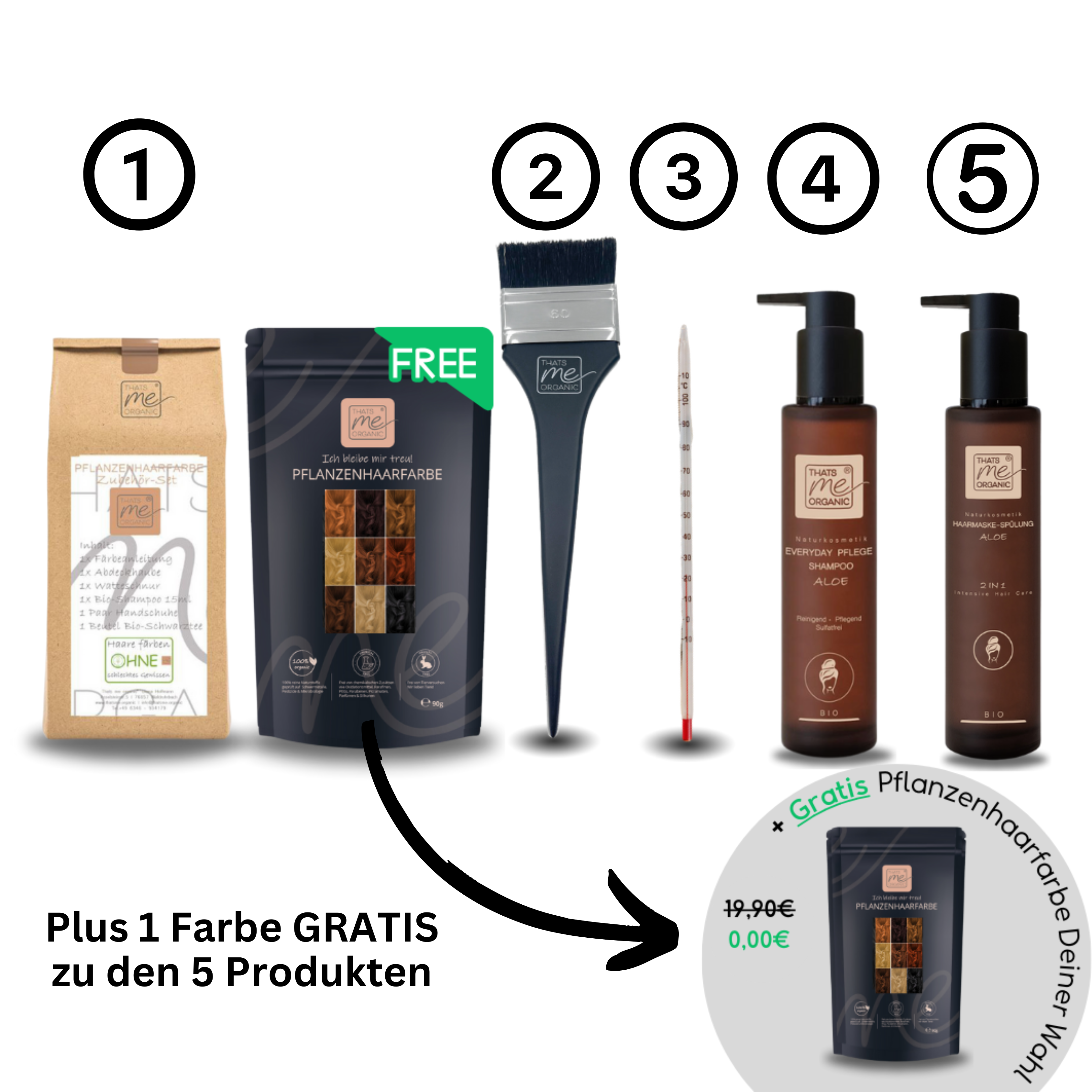 Fünf Thats me Organic®-Haarpflegeprodukte, darunter ein kostenloses Pflanzenhaarfarbe-Kit, eine Bürste, ein Thermometer und zwei Flaschen - ideal für Liebhaber der natürlichen Haarpflege.