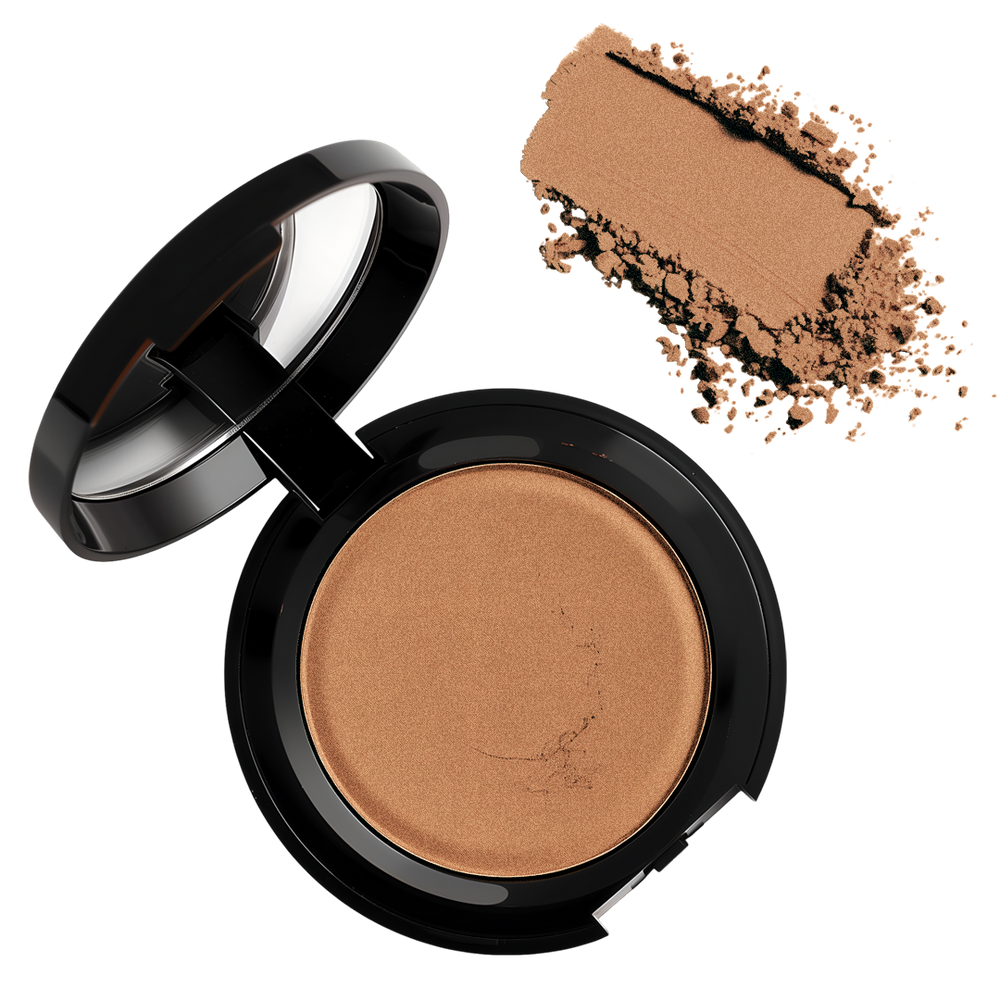 Eine Packung Thats me Organic® pressed Bronzing Powder bronzer mit etwas losem Puder auf weißem Hintergrund.