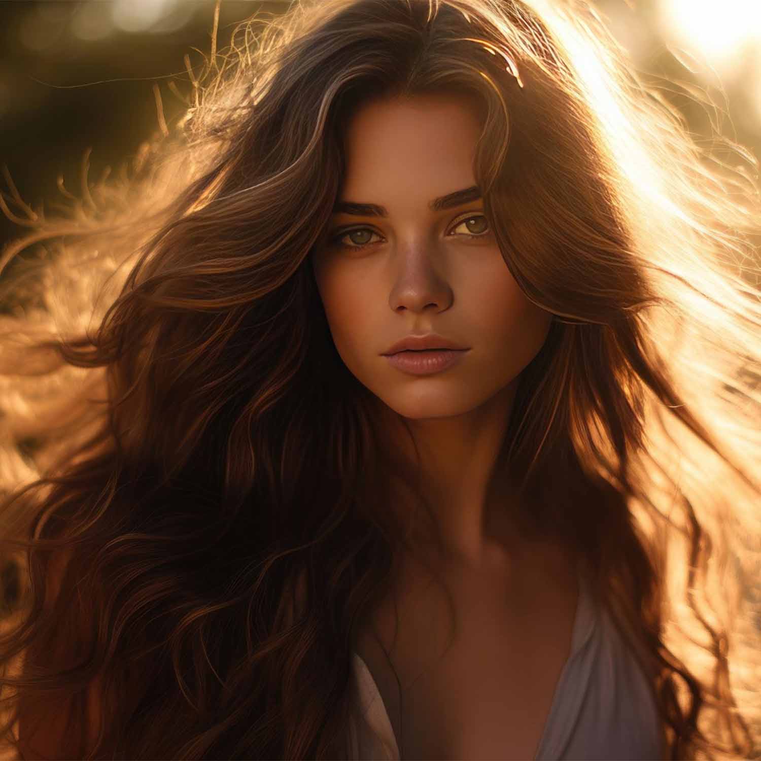 Frau mit langem, gewelltem Haar steht im Freien im goldenen Sonnenlicht und schaut direkt in die Kamera.