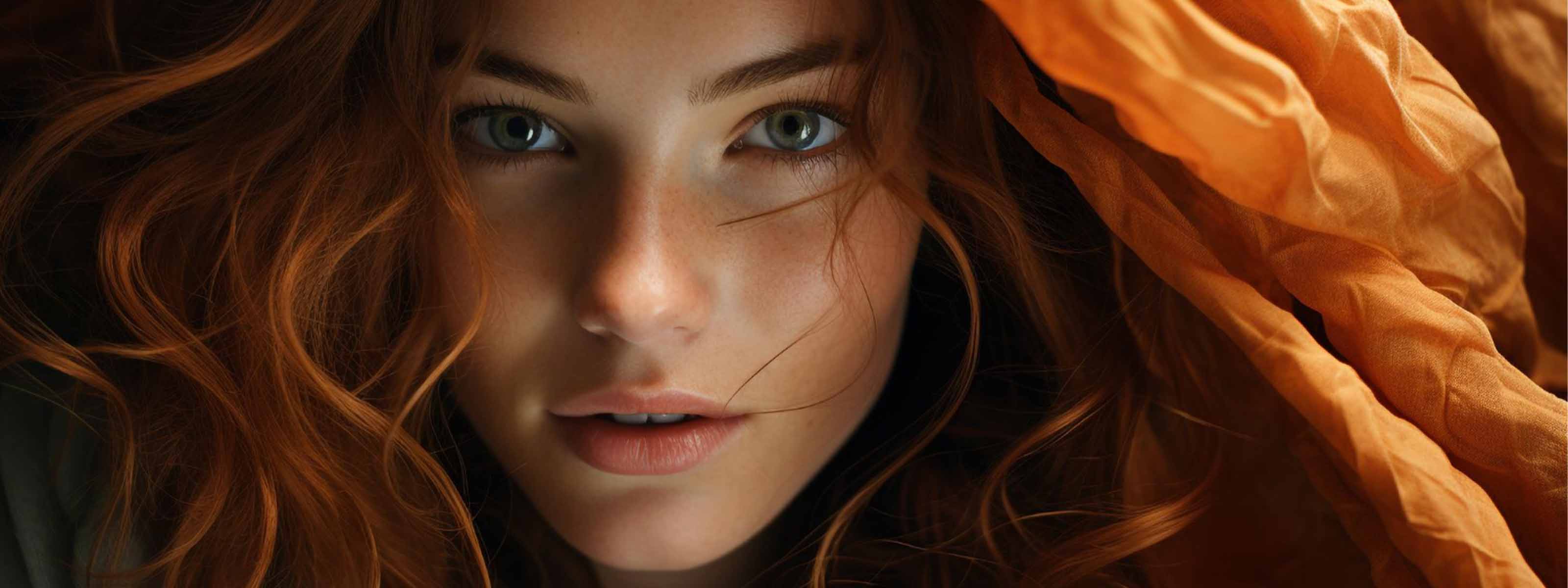 Nahaufnahme einer Frau mit roten Haaren und blauen Augen, eingerahmt von fließendem orangefarbenem Stoff.