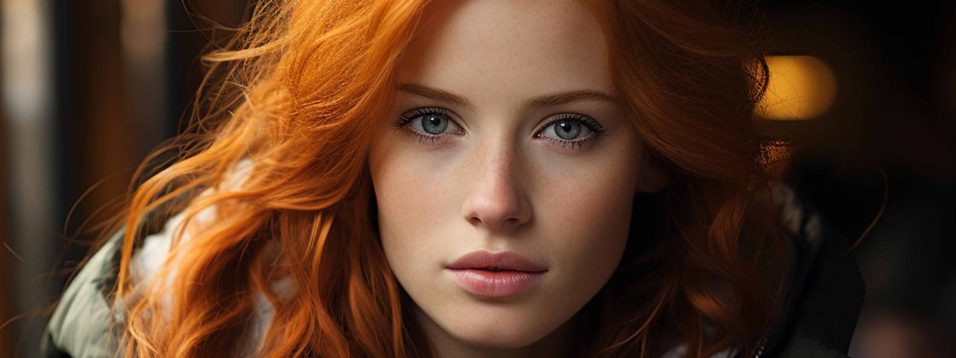 Junge Frau mit langen roten Haaren und blauen Augen, die mit neutralem Blick direkt in die Kamera schaut.