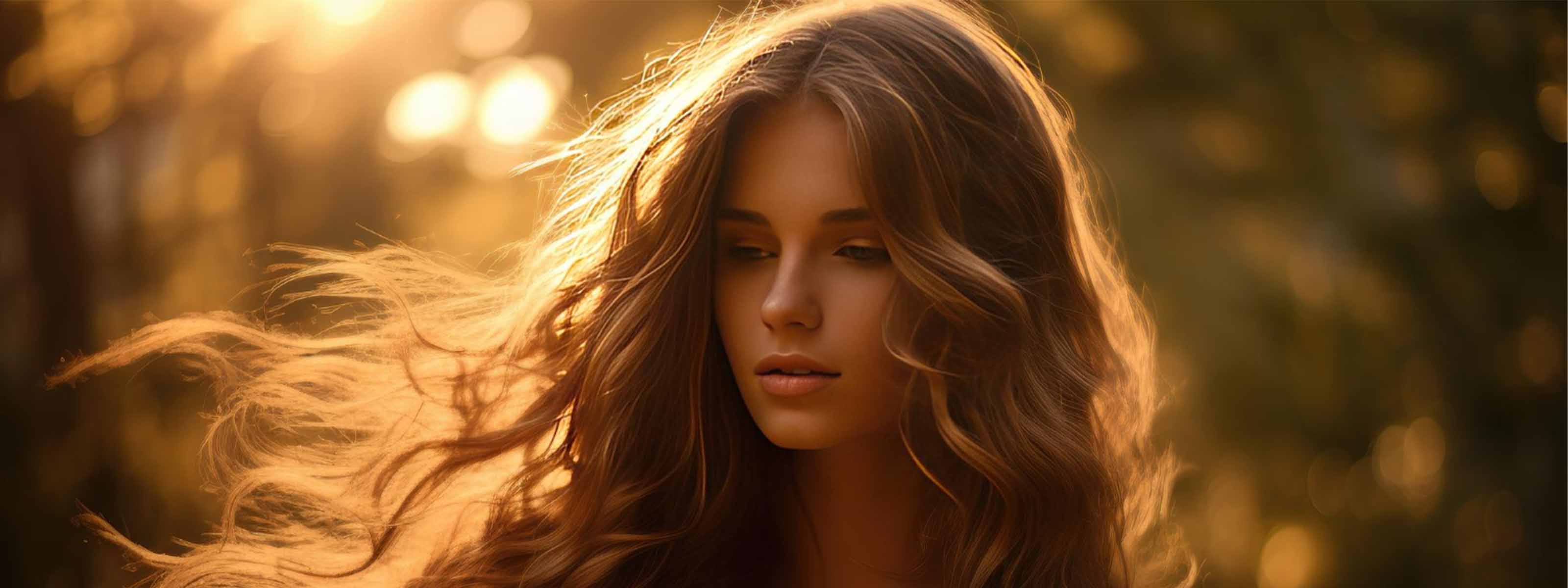 Eine junge Frau mit langem, gewelltem Haar steht im Freien im warmen, goldenen Sonnenlicht und schaut nachdenklich nach unten.