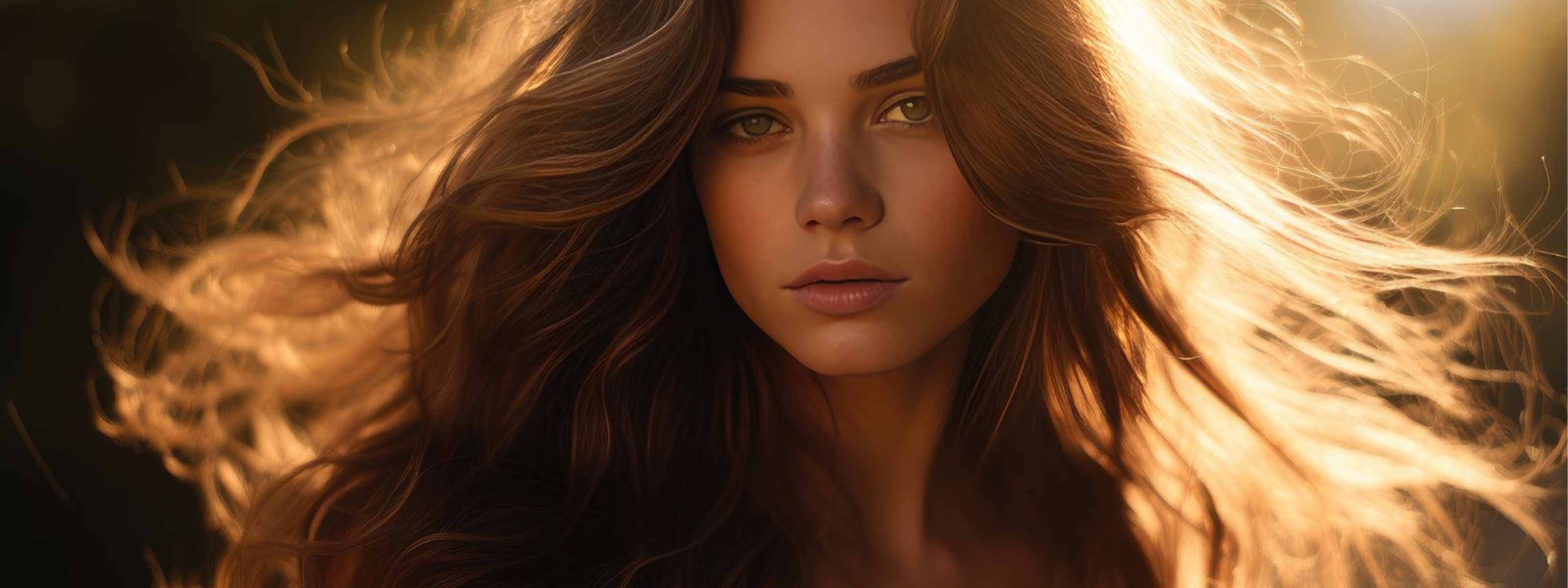 Eine junge Frau mit langem, gewelltem Haar leuchtet im warmen Sonnenlicht und blickt mit heiterer Miene in die Kamera.