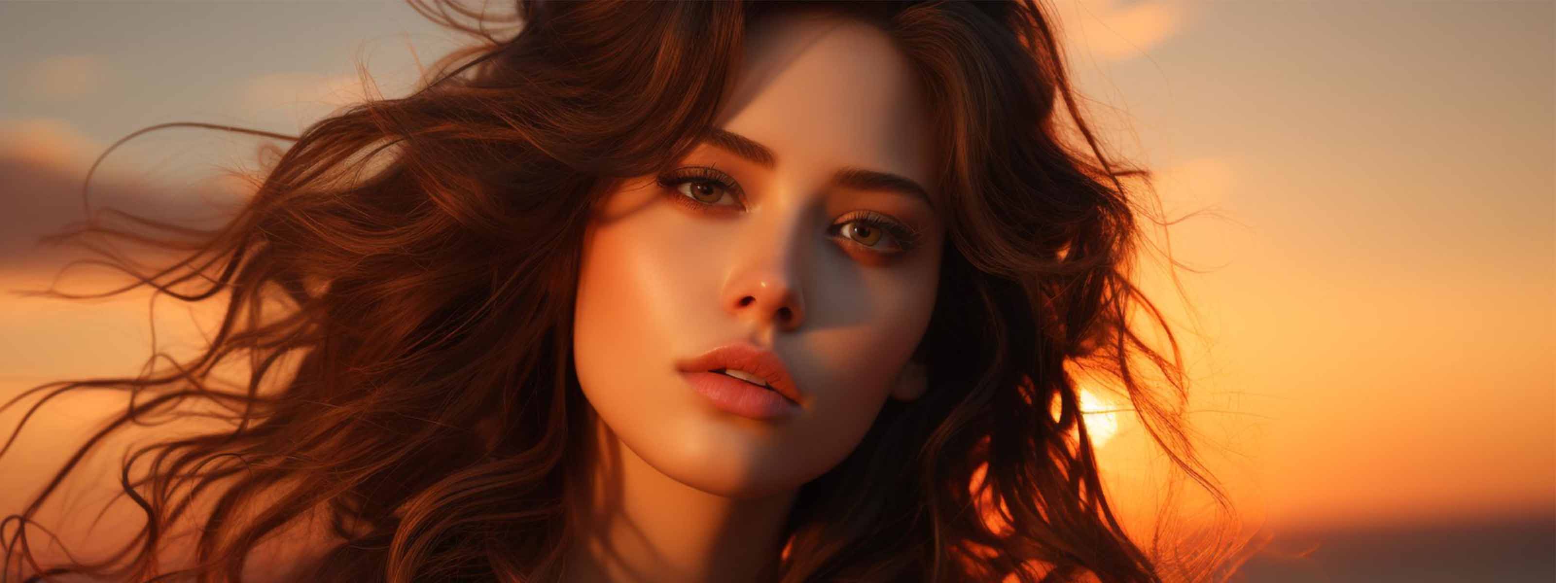 Frau mit gewelltem braunem Haar schaut in die Kamera, im Hintergrund leuchtet der Sonnenuntergangshimmel warm.