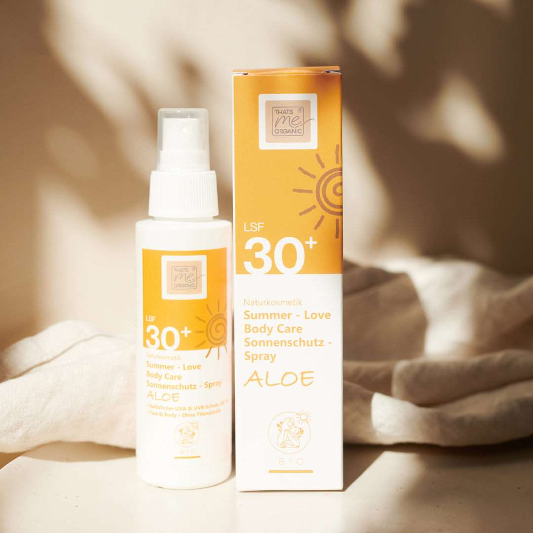 Bio Sonnencreme von Thats me organic mit weiß - gelber Flasche und Lichtschutzfaktor lsf 30+